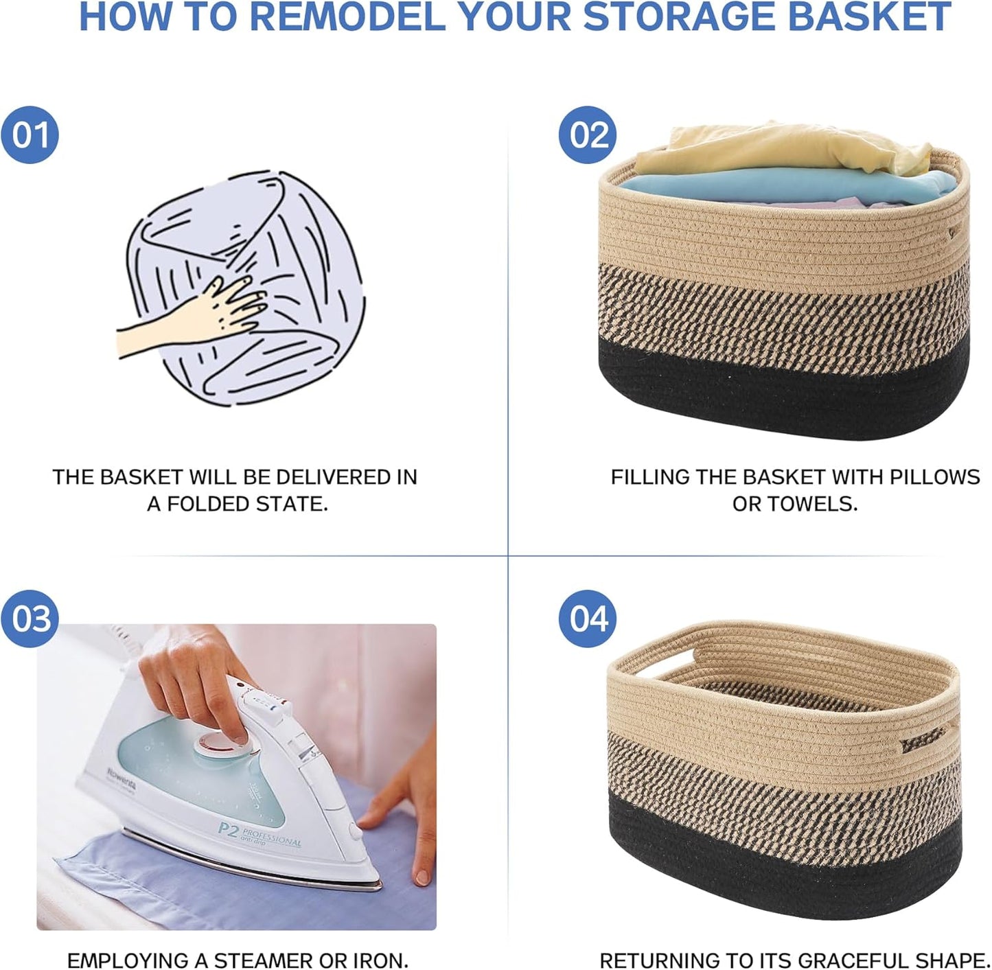 4 Pack Woven Storage Baskets for Organizing - Cotton Rope Baskets for Closet, Toys, Books, Towels, Durable Storage Bins for Shelves, Living Room, Bedroom, 14.76''Lx9.84''Wx8.86''H (Brown, 13")