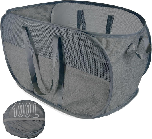 Upgraded 100L Collapsible Laundry Basket, Extra Large Mesh Pop Up Laundry Hamper, Dirty Clothes Hamper with long Handles, Pop-up Hampers for Laundry Travel. Dorm or Home Portable Laundry Basket. Black