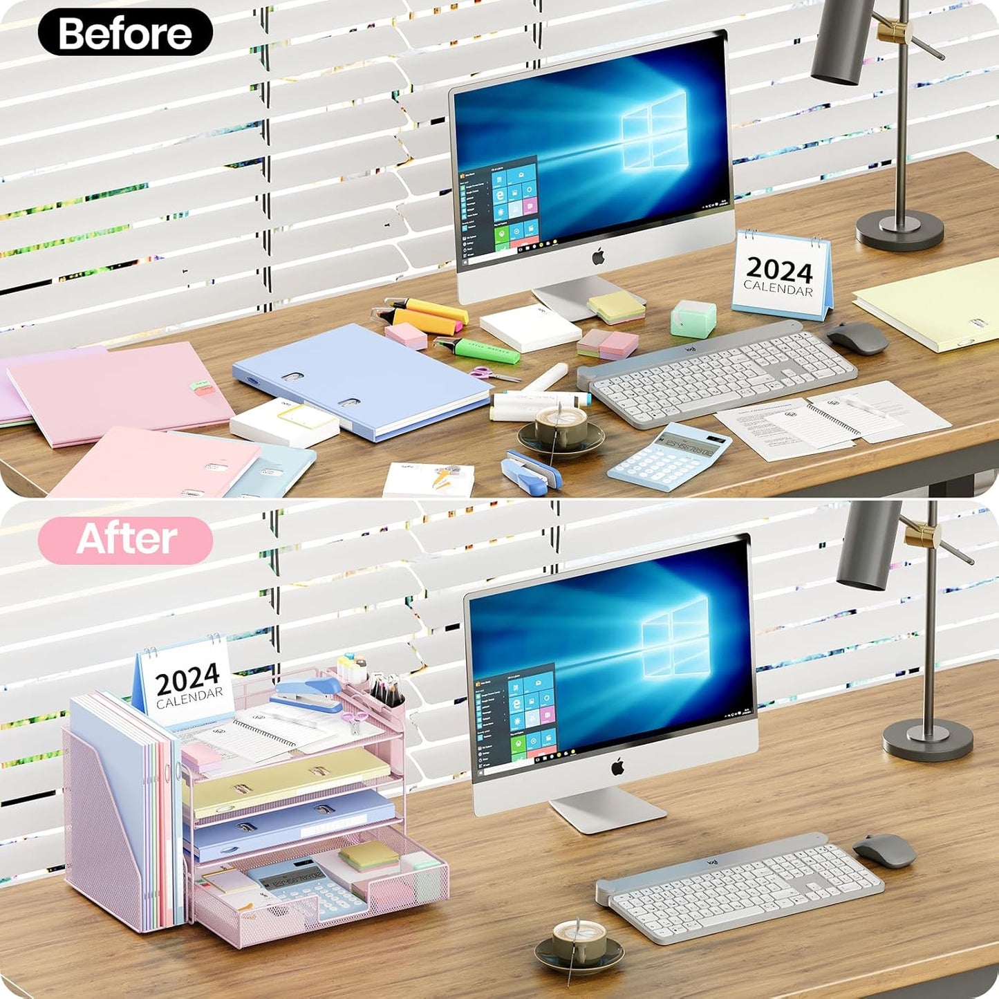 Desk Organizer and Accessories, 4-Tier Desktop File Organizer with Drawer and 2 Pen Holders, Office Desk Accessories, File Sorters, Workspace Organizers for Office Supplies(Pink)