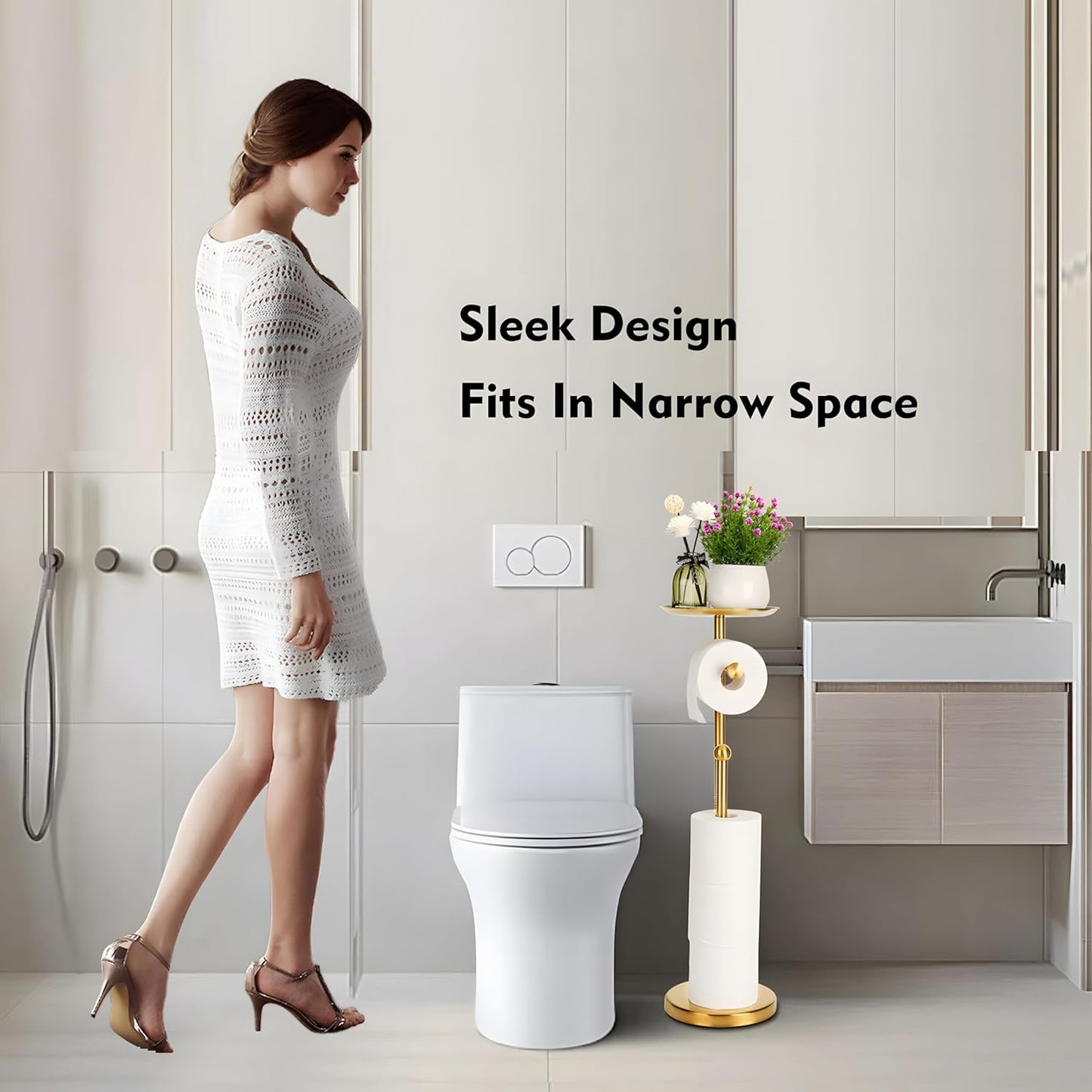 Noonext Gold Toilet Paper Holder with Shelf, Freestanding Toilet Paper Holder with Big Tray for Bathroom, Heavy Base No Tipping Over (Stainless Steel, Gold)