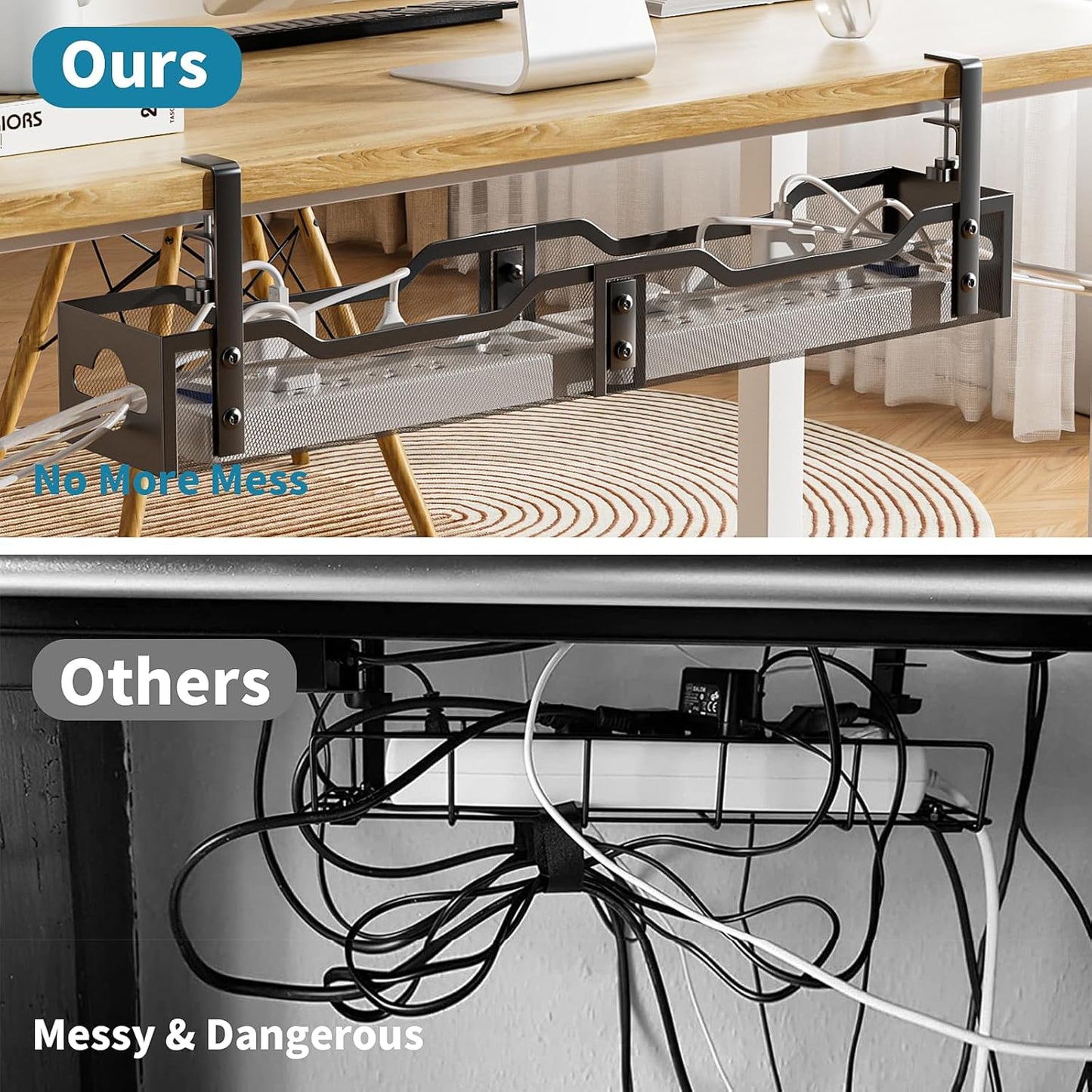 Under Desk Cable Management Tray Black, Litwaro Cable Management Under Desk No Drill, 25'' Cable Tray with Clamp for Wire Management, Cord Organizer for Office, Home - No Damage to Table