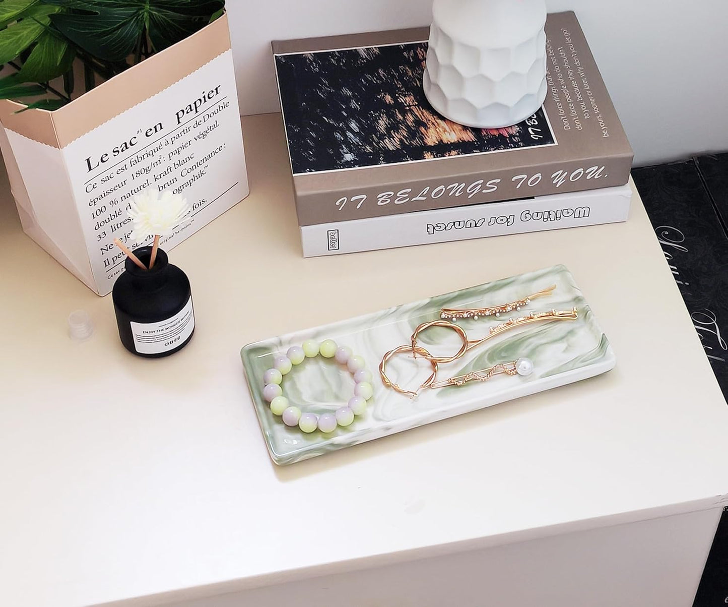 9.2" Porcelain Small Bathroom Tray, Ceramic Countertop and Vanity Tray for Cosmetics, Perfume, Jewelry, Candle - Kitchen Soap Tray for Kitchen Counter (Green)