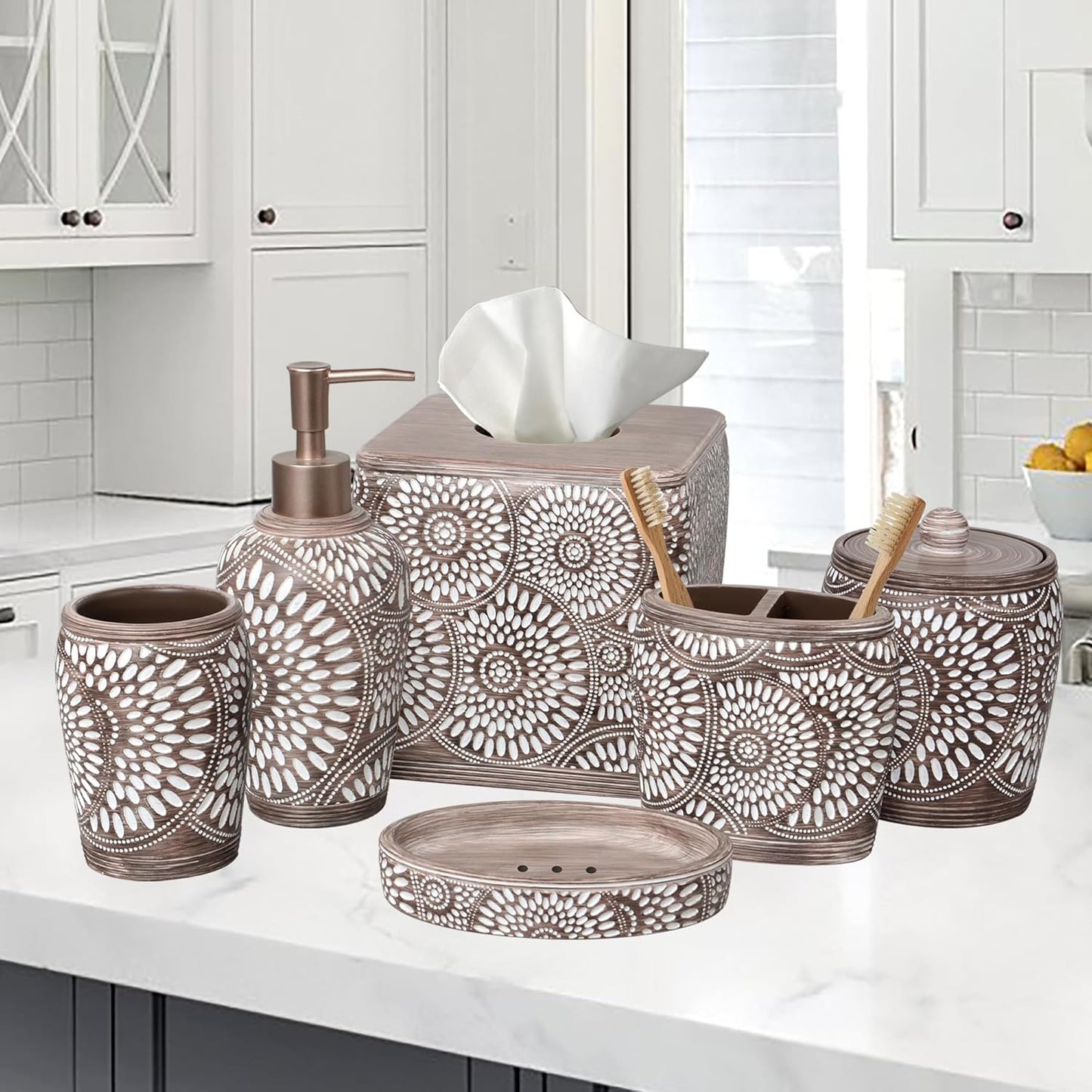 6-Piece Bathroom Accessories Set – Soap Dispenser, Toothbrush Holder, Tumbler, Soap Dish, Cotton Swab Jar & Toilet Brush – Modern Bathroom Decor Set (Ciccone)