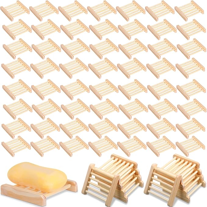 Amyhill 100 Pcs Bamboo Wood Soap Dish Bulk Bathroom Wooden Soap Holder Savers Self Draining Dishes Handcraft Tray, 3.3 x 3.3 x 0.67 Inch (Wood Color)
