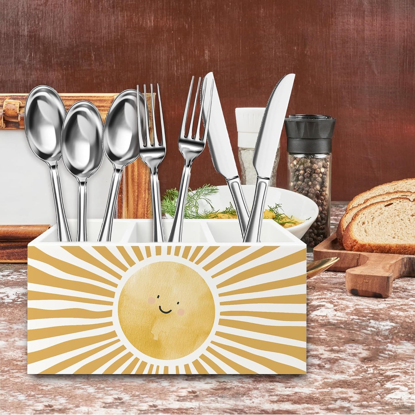 Boho Yellow Sunshine Pen Pencil Holder Organizer for Desk, Cute Smile Groovy Sun Sunshine Wooden Box Signs Decorations for Kids Room Home Classroom Desk Tabletop