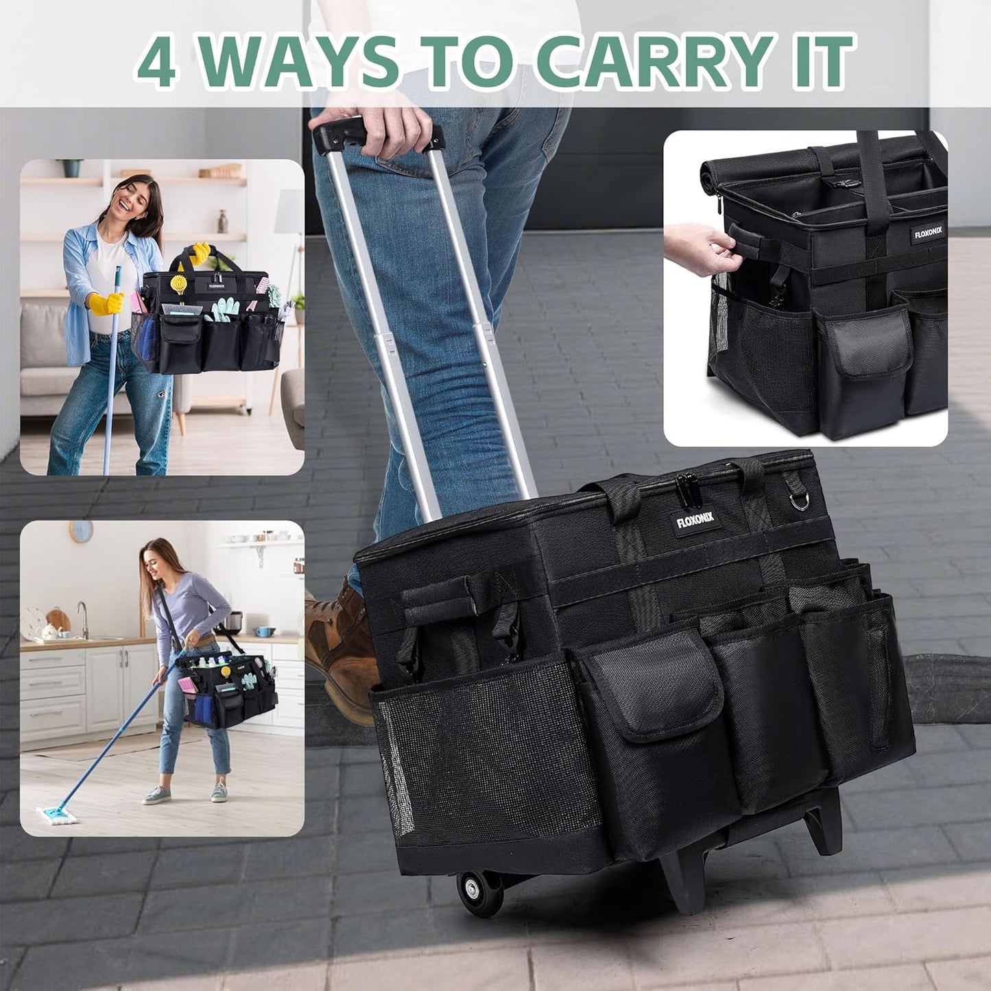 Large Rolling Cleaning Caddy Bag with Wheels, with Detachable Trolley, Cleaning Bags on Wheels for Housekeepers, Cleaning Cart Supplies Organizer for Home, Car, Picnic (Black)