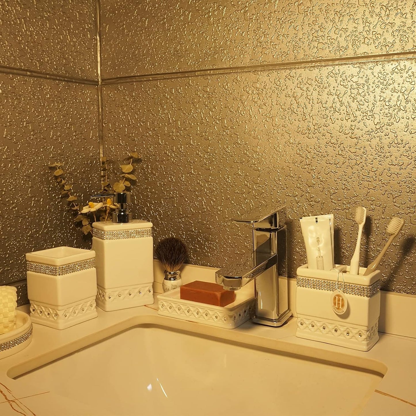 Bathroom Accessories Set 4 Pcs-Ceramic Gift Set Soap Dispenser Pump & Toothbrush Holder & Tumbler Cup & Soap Dish - Bathroom Home Decor Clearance, Countertop Vanity Organize (15 Ounce)