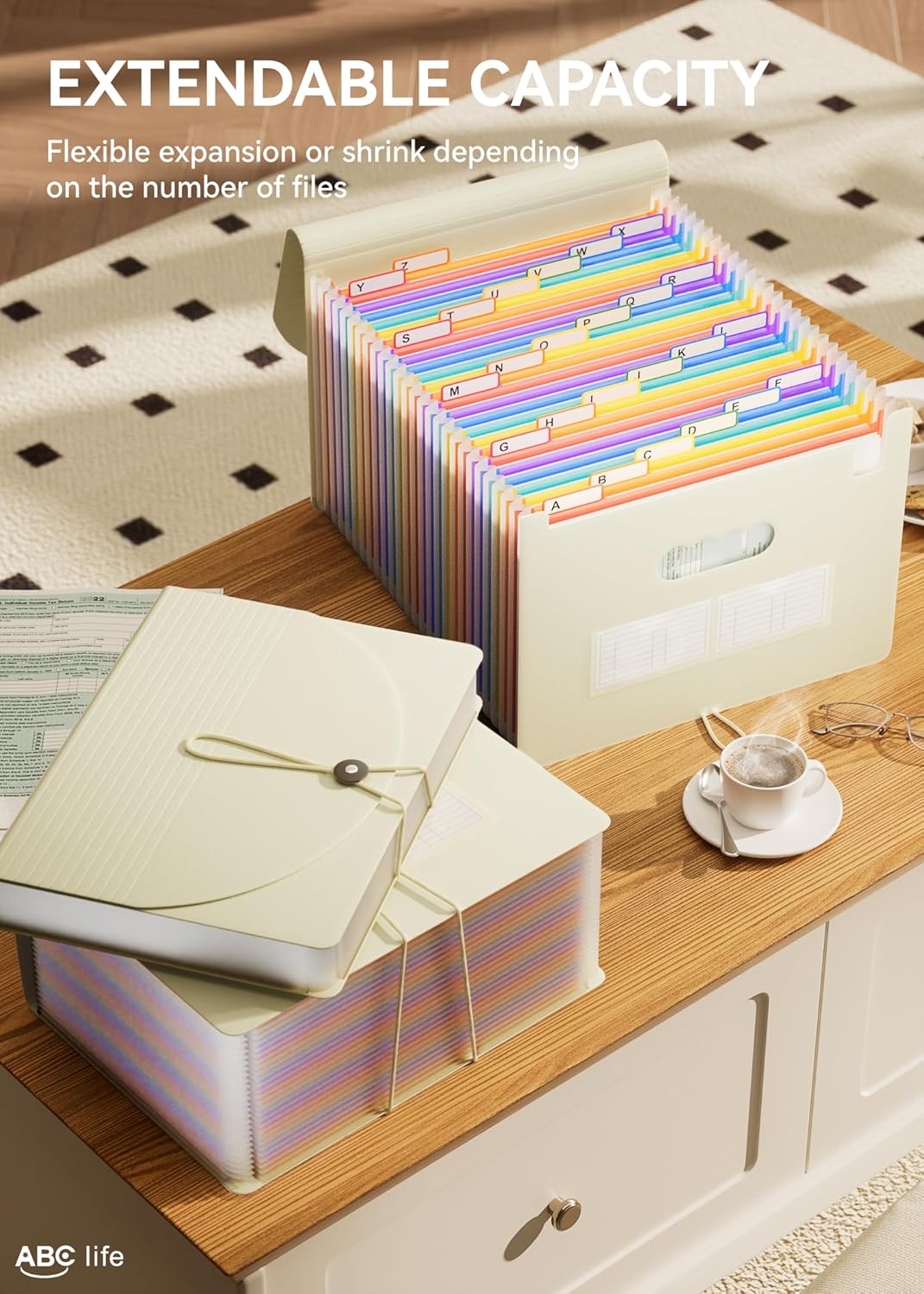 ABC life 26 Pockets Accordion File Organizer, Expanding File Folder, Portable Monthly Paper Bill Tax Receipt Organizer, Letter A4 Size Document Organizer with Blank Labels - Beige Color