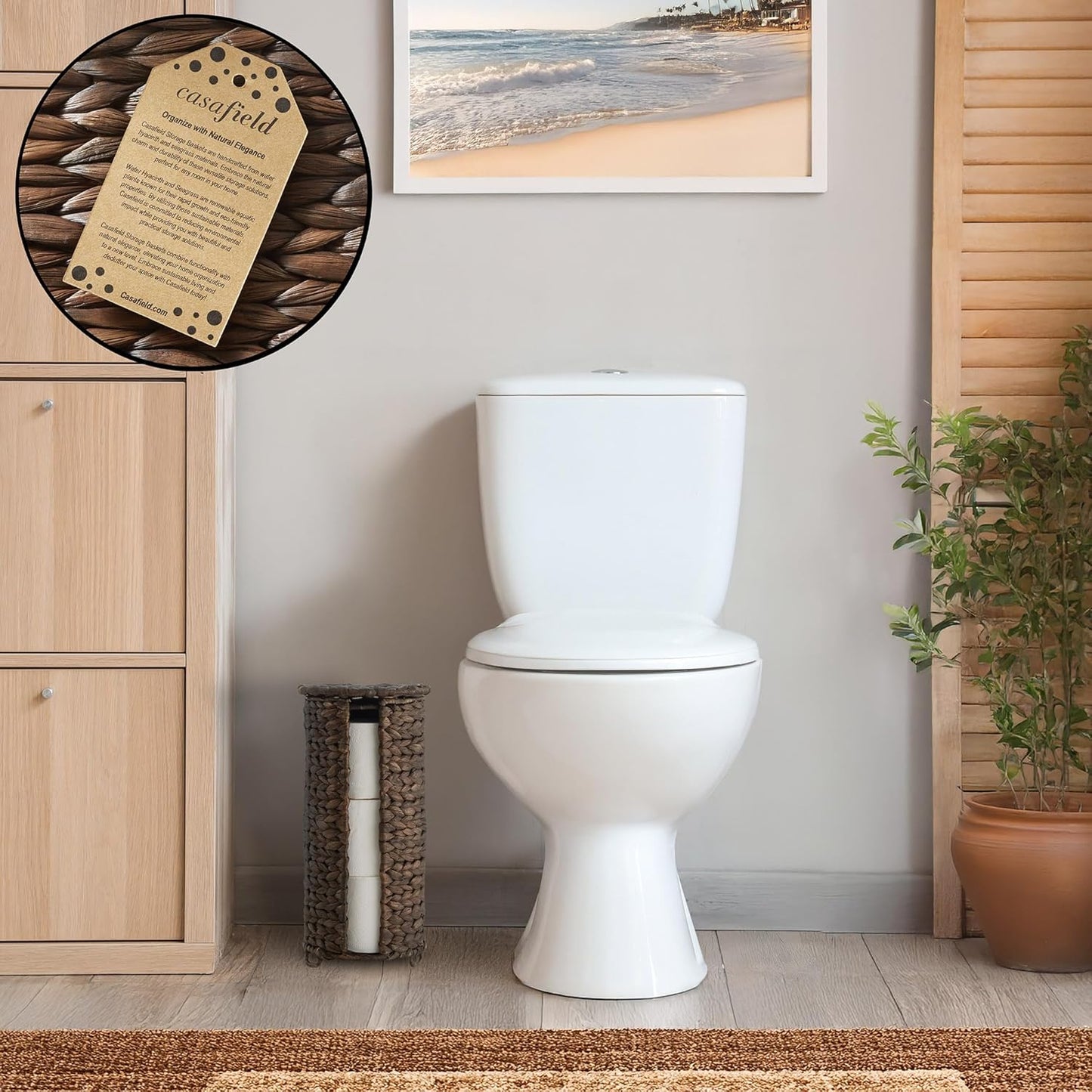 Casafield Free Standing Toilet Paper Storage Roll Holder with Lid - Espresso, Fits 3 Rolls, Water Hyacinth Bath Tissue Organizer for Bathroom