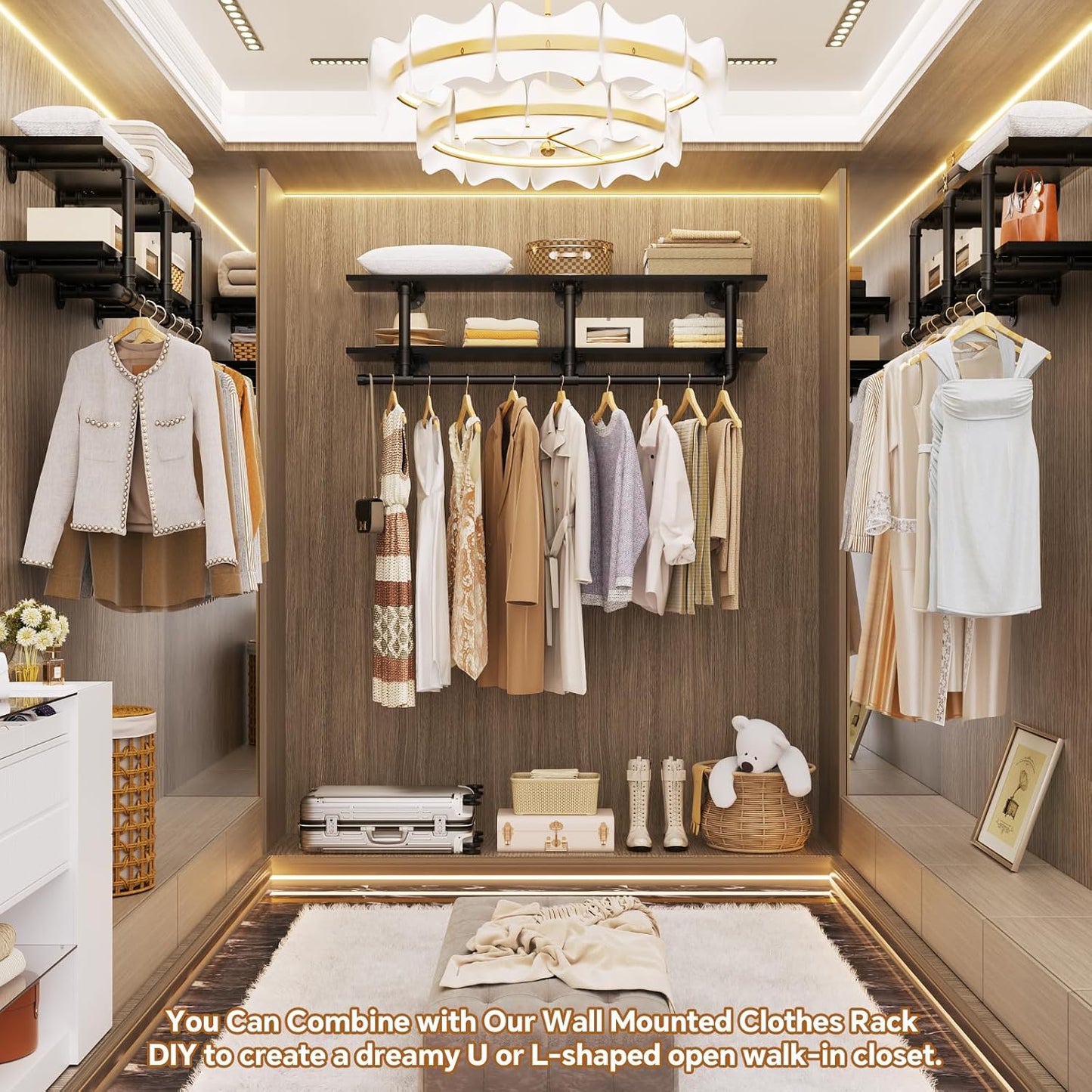 Aheaplus Industrial Pipe Clothes Rack with Top Shelf, 47In Space-Saving Wall Mounted Clothing Rack, 2 Tiers Heavy Duty Pipe Clothing Shelves with Hanging Rod for Laundry Room, Closet Storage, Black