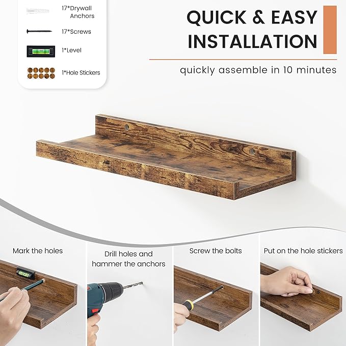 Floating Picture Ledge Shelves for Wall Set of 8, 16 Inch Wall Shelves with Lip Long Large Nursery Book Shelf for Toys Storage Kids Bookshelf Wall Mounted Living Room Bedroom Decor Frames