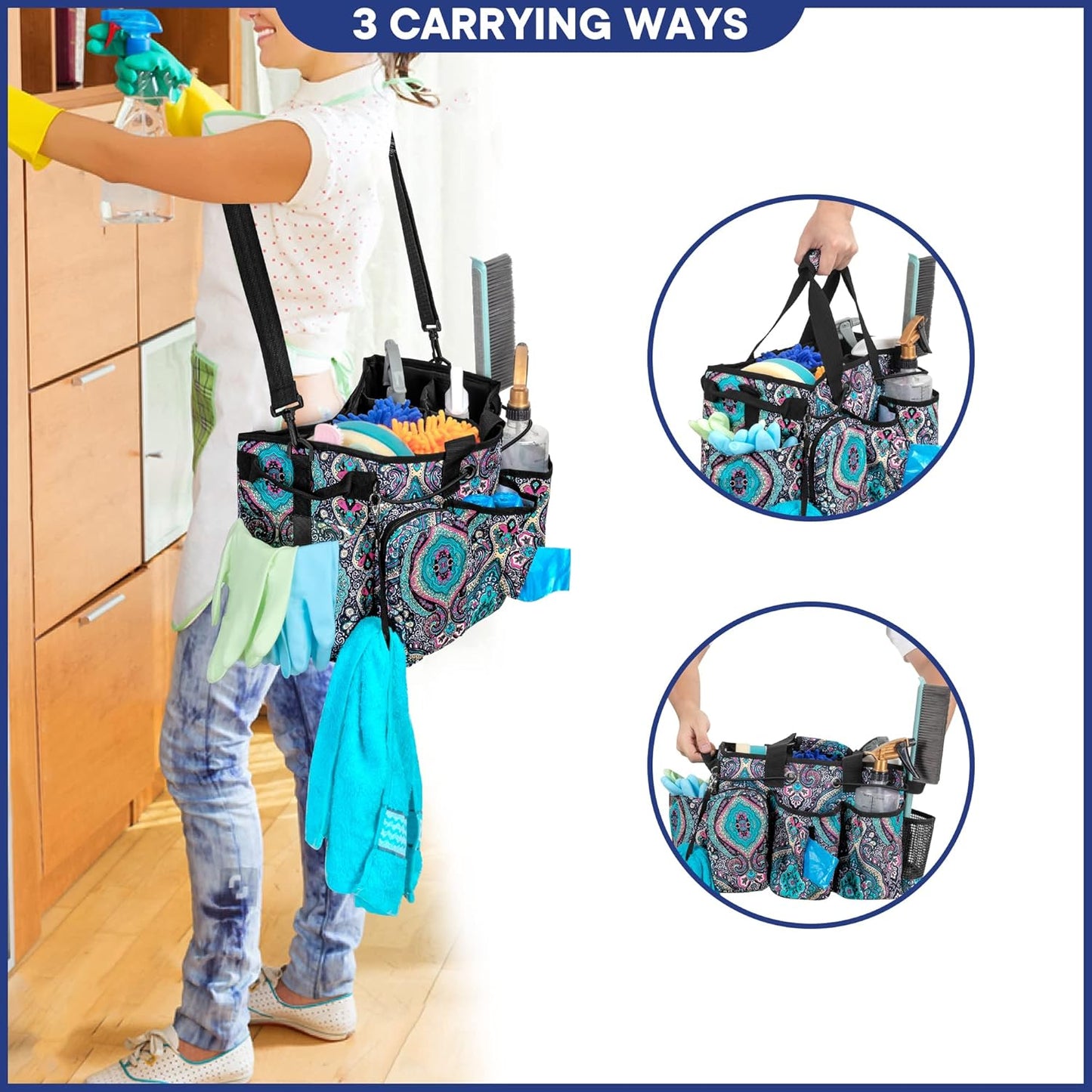 LoDrid Large Professional Cleaning Caddy with Detachable Divider, Supply Organizer with Handle and Shoulder Strap, Cleaning Bags for Housekeepers & Cleaners, Totem