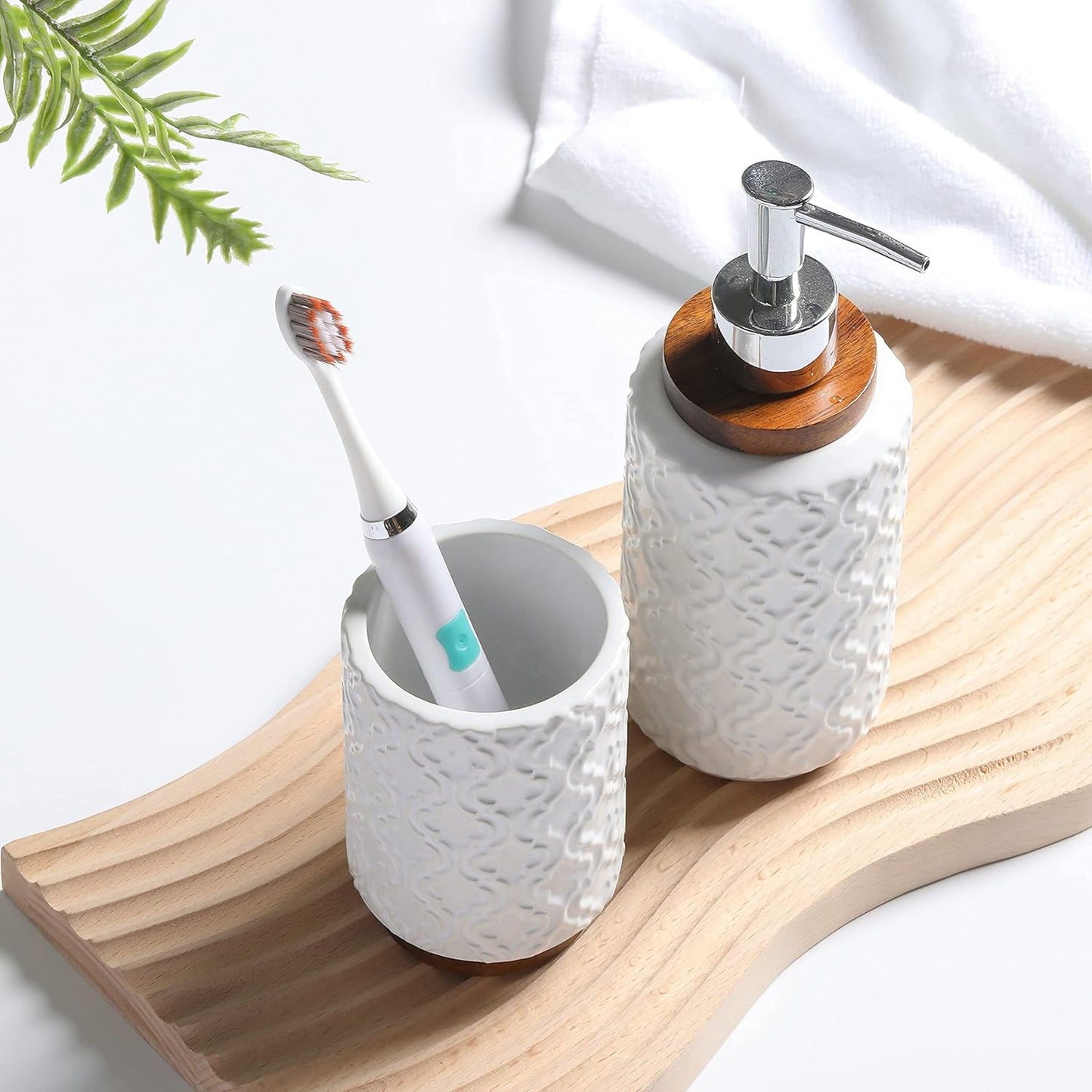 Bathroom Accessories Set 4 Pcs Toothbrush Holder Soap Dispenser Ceramic and Wood Bathroom Decor Set Contain Toothbrush Cup Soap Dish Tumbler White