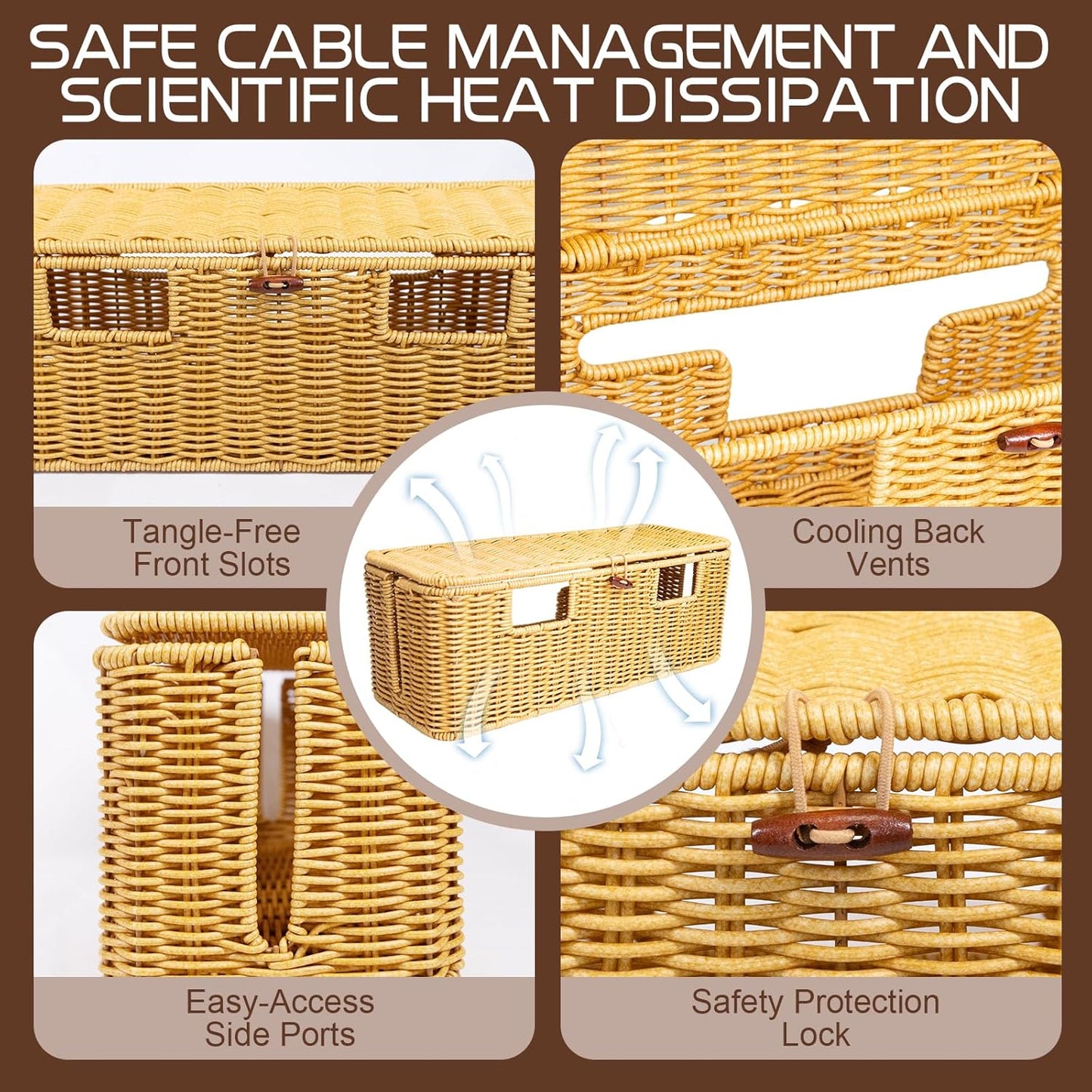 Longer Cable Management Box, 16In Handwoven Cord Management Box with 5 Slots, Floor Cord Hider Boxes for Power Strip and Wire, Cable Organizer Boxes with Lid for Desk, Floor, Office, Living Room