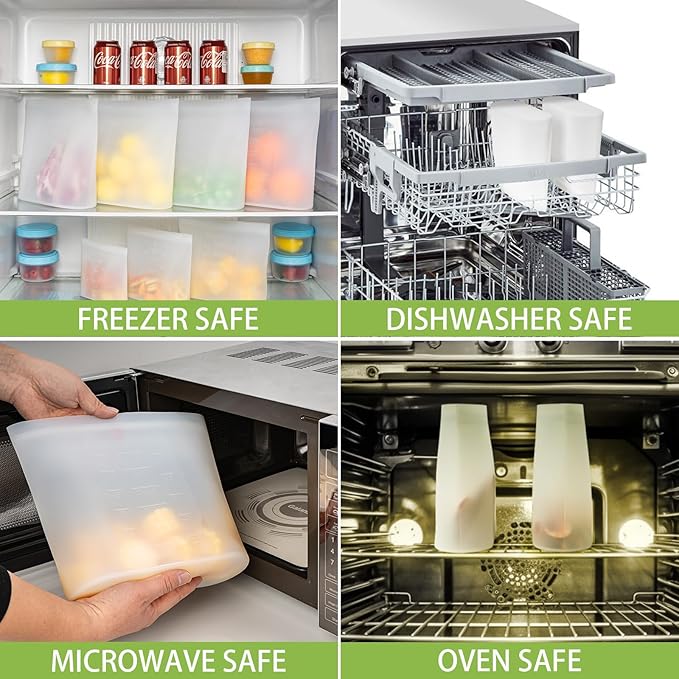 Reusable Storage Bags Extra Large, 0.8 Gallon/101 fl.oz/3000 ml, 4 Pack 100% Silicone Food Storage Bags Stand Up Zip Lock for Large Food Items, Freezer Microwave Oven Dishwasher Safe, Translucent