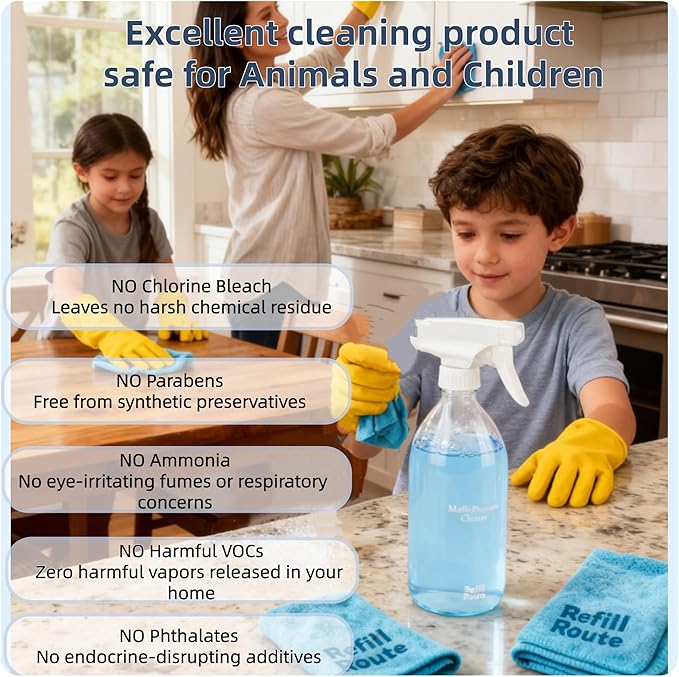 All Purpose Cleaner Starter Kit – Eco-Friendly Multipurpose Cleaner Set with Refillable Glass Spray Bottle, 12 Concentrated Cleaner Tablets & 2 Microfiber Cloths（12 x 16 Fl oz）–Plastic-Free