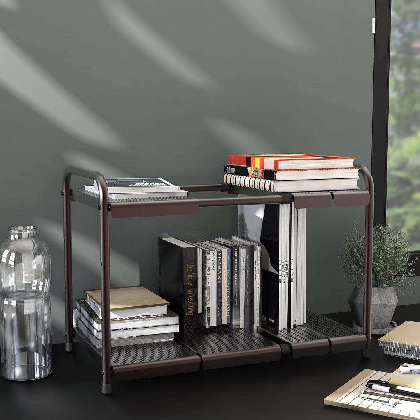 Simple Houseware Under Sink 2 Tier Expandable Heavy Duty Metal Shelf Organizer Rack, Bronze (Expand from 15 to 25 inches)