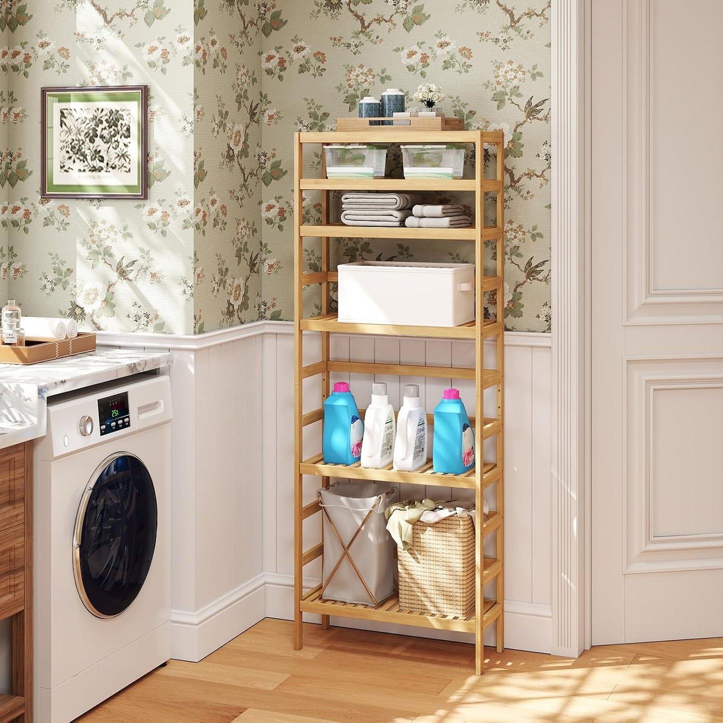 Bamboo Rack, Adjustable Bamboo Shelf, Stand Utility Storage Shelf Multifunctional Bathroom Kitchen Living Room Holder Plant Flower Stand (6-Tier)