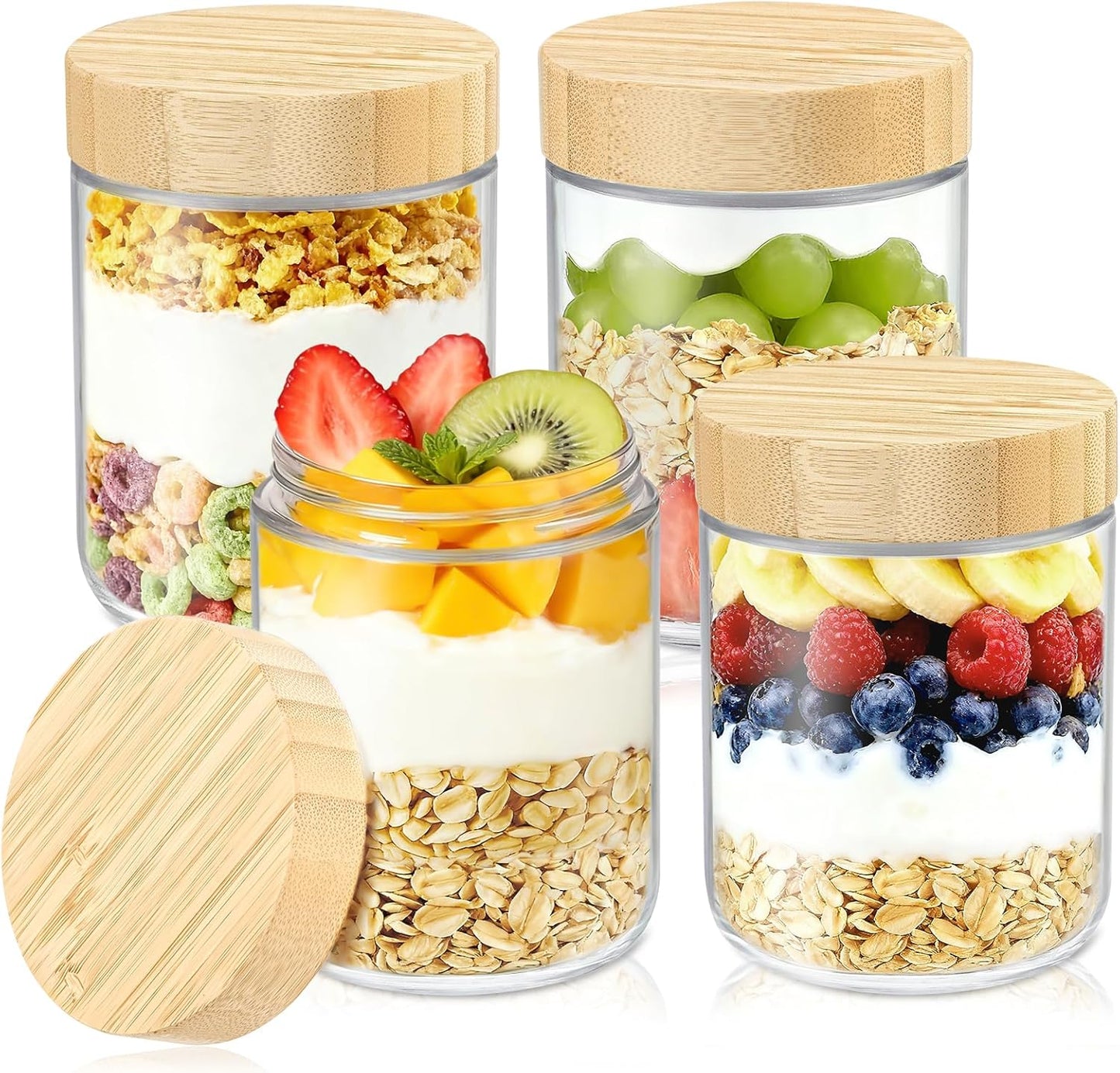 DRKIO 16 Oz Overnight Oats Containers with Bamboo Lids - 4 Pack Glass Storage Jars with Airtight Lids Wide Mouth Mason Food Jars Great for Meal Prep Salad Chia Pudding Snacks Yogurt Sugar Spice Cereal