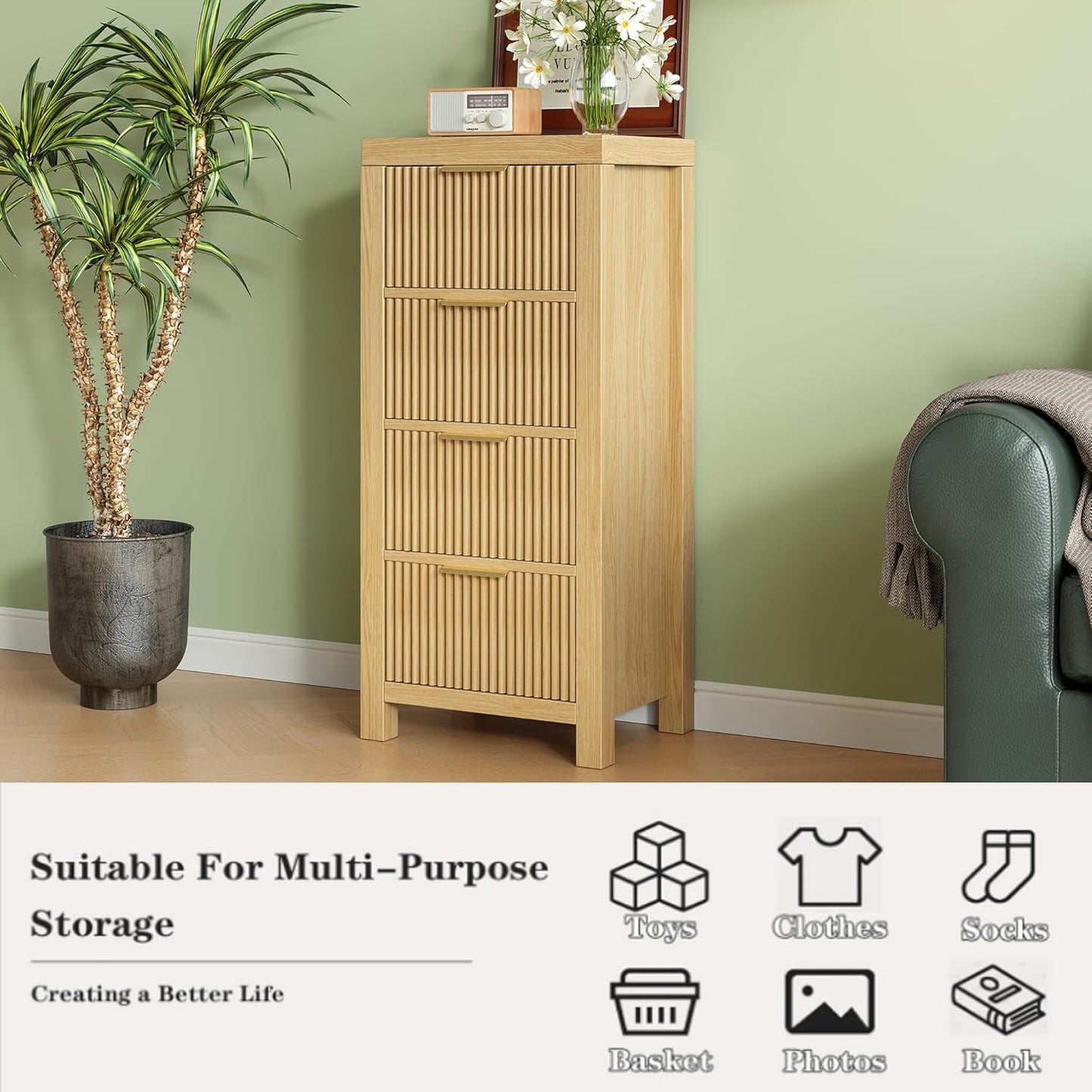 Mid-Century Modern Tall Wooden Dresser with 4 Spacious Drawers, Entryway Storage Chest with Smooth Metal Handles, Bedroom Clothes Organizer for Entryway, Office, and Small Spaces, Natural X3