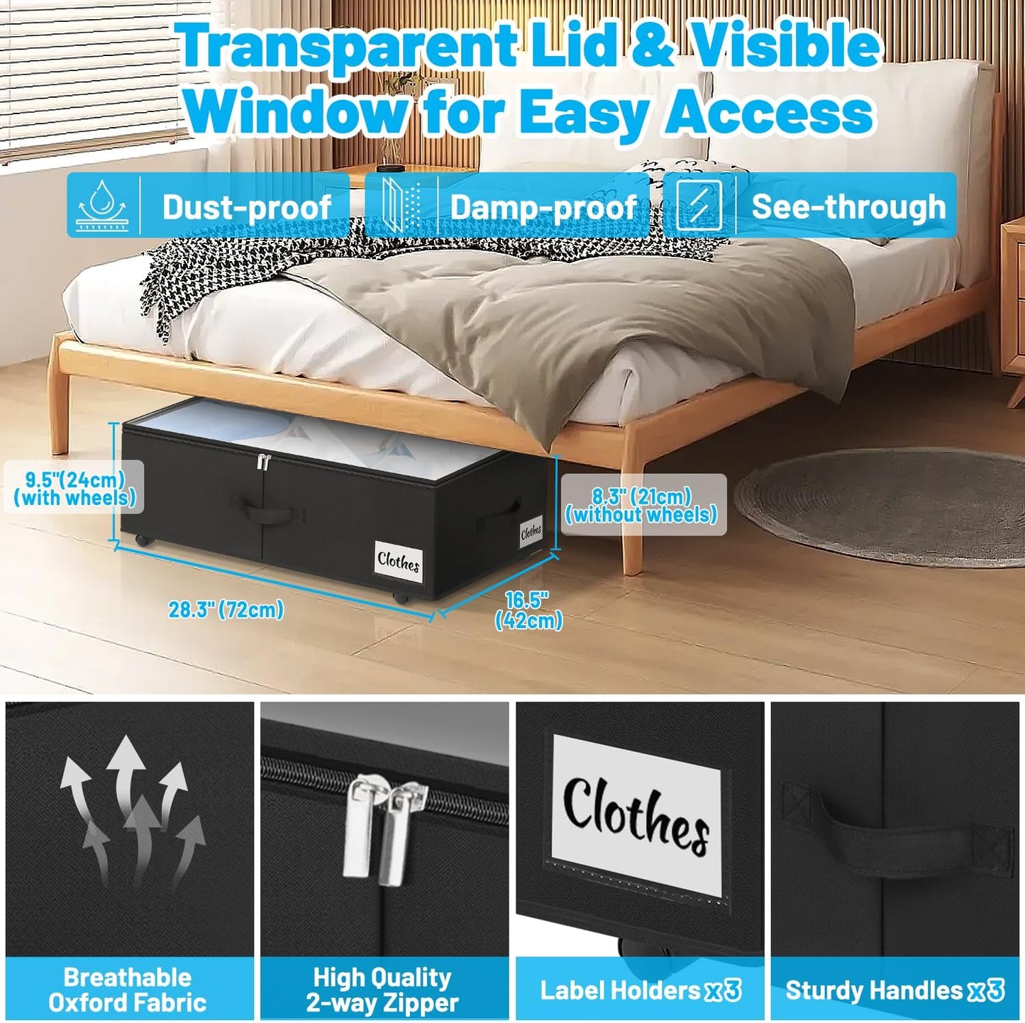 2 Pack Under Bed Storage with Wheels 10" Height, Rolling Storage Bins XXL 60L, Underbed Shoe Storage Containers with Label & Clear Lid, Dorm Under bed Drawers for Clothes, Shoes, Quick Assembly, Black