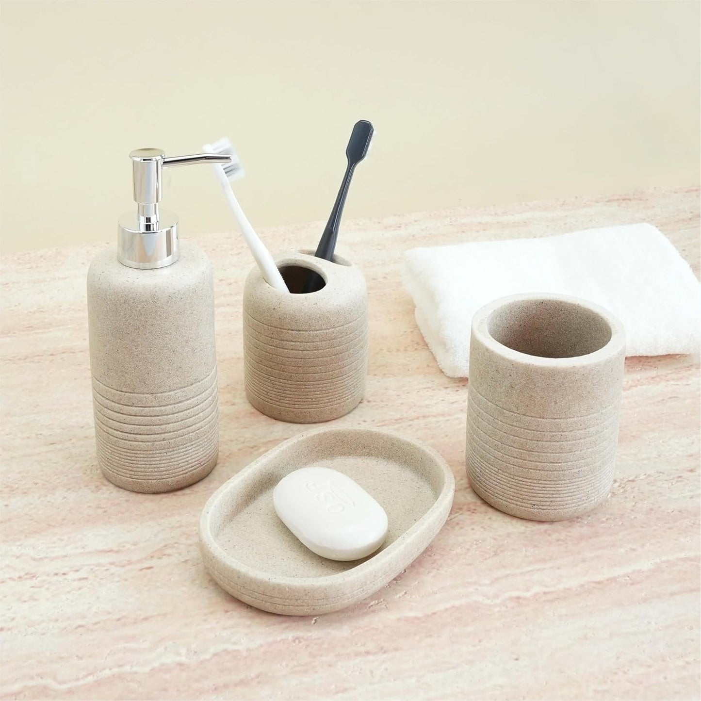 4-Piece Bathroom Accessory Set - Modern Resin & Sandstone Collection - Includes Soap Dispenser, Toothbrush Holder, Tumbler, Soap Dish (Beige)
