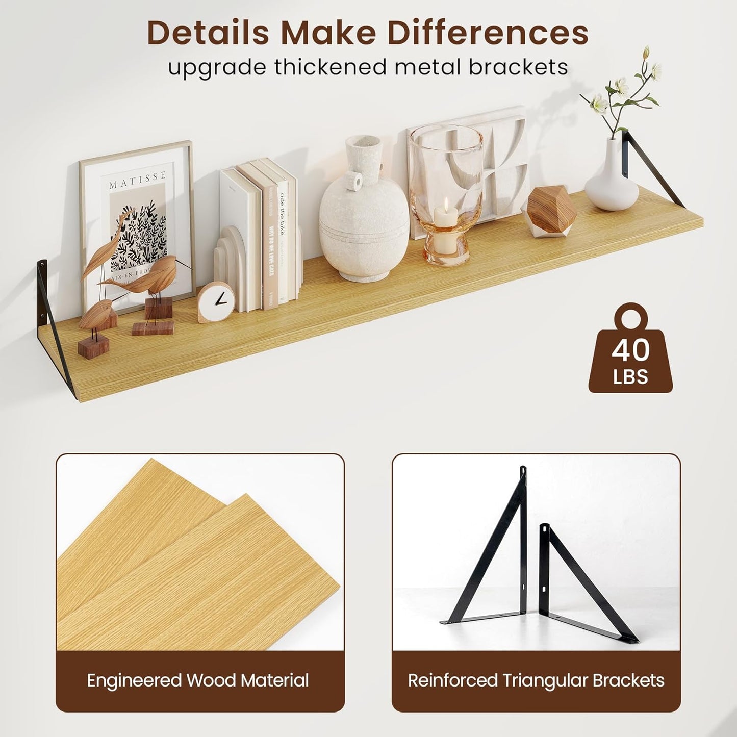 Axeman Deep Floating Shelves for Wall - 55 Inch Wide x 10 Inch Deep Oak Floating Shelves Set of 2 - Wide Wall Shelves for Living Room Bathroom Bedroom