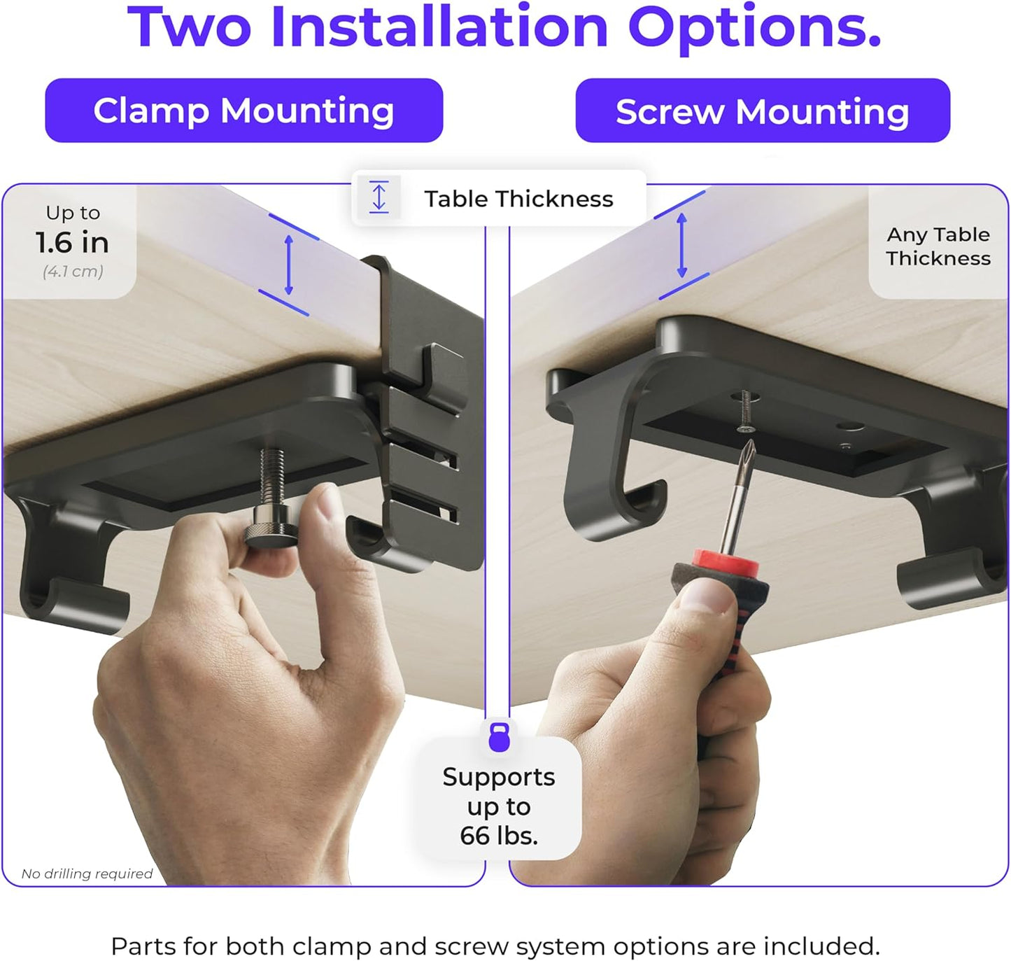 Ascrono Original No Drill Under Desk Cable Management Tray 14.1" - Premium Black Fabric Cable Management Under Desk - Clamp/Screw Mount Cord Organizer - Supports Upto 66lbs