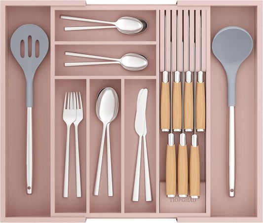 Bamboo-Silverware-Drawer-Organizer-Kitchen, Expandable Utensil Holder Cutlery Tray Flatware Organization Adjustable Wood Tableware Dividers Storage (with Removable Knife Block)(Grey Pink)