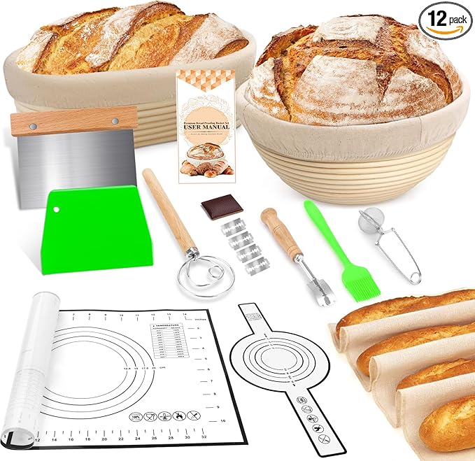 Large Sourdough Bread Baking Supplies, 10 Inch Round &12 Oval Banneton Bread Proofing Basket, Sourdough Starter Kit for Making Baking Fermentation