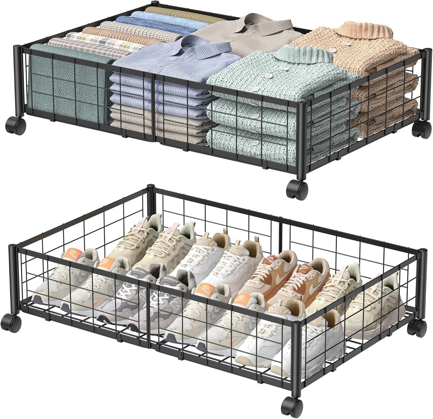 Under Bed Storage with Wheels, 360° Rotating, No-Assembly Underbed Storage Containers, 2PACK