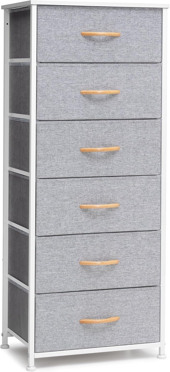 Crestlive Products Tall Dresser Storage Tower - Sturdy Steel Frame, Wood Top, Easy Pull Fabric Bins, Handles - Vertical Organizer Unit for Bedroom, Hallway, Entryway, Closets - 6 Drawers (Light Gray)