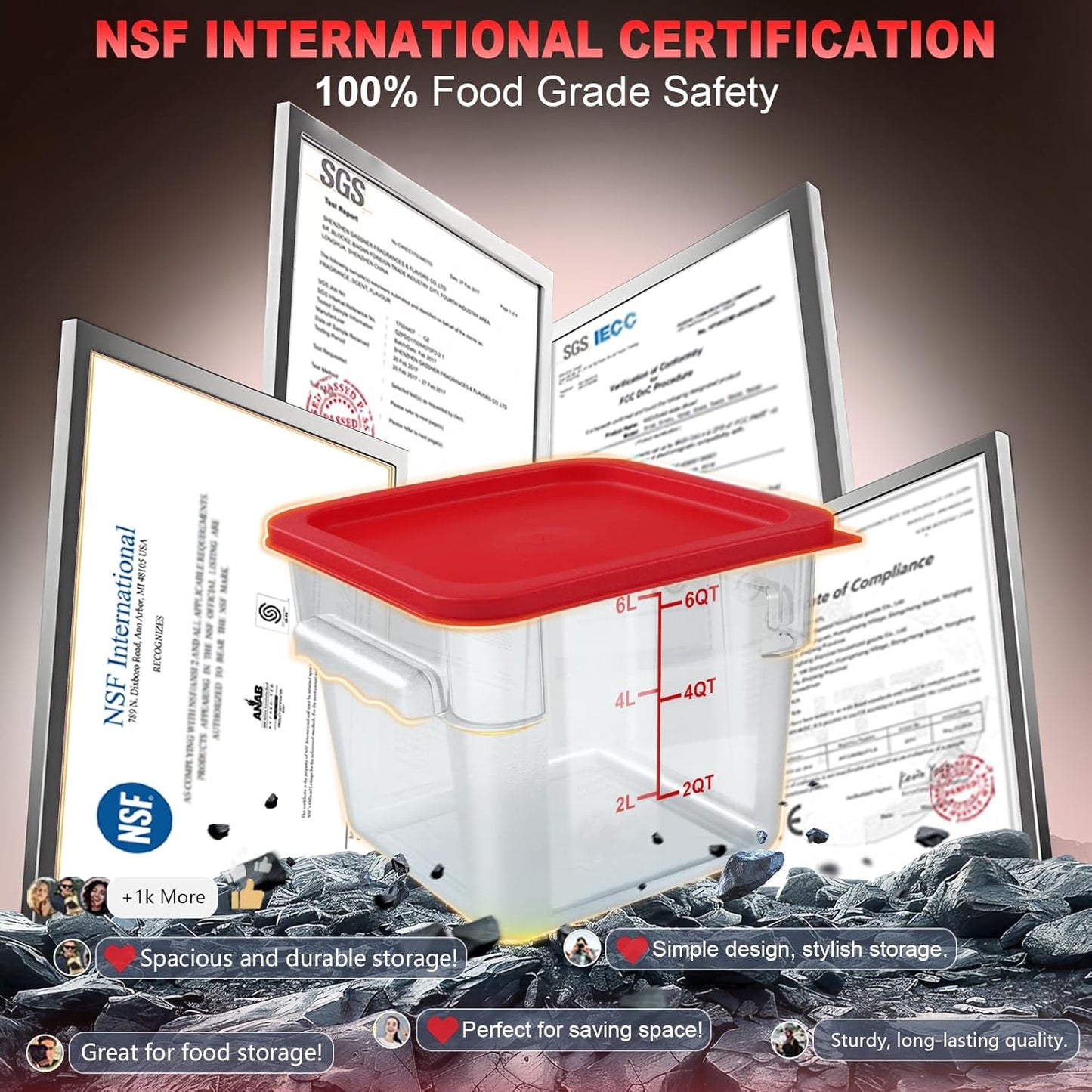 2QT&4QT NSF Food Storage Containers with Lids: 4 PCS [Total Food Grade][Hot&Cold Resistant] Commercial Clear Food Storage Containers for Restaurant Kitchen Proof Dough (Red)