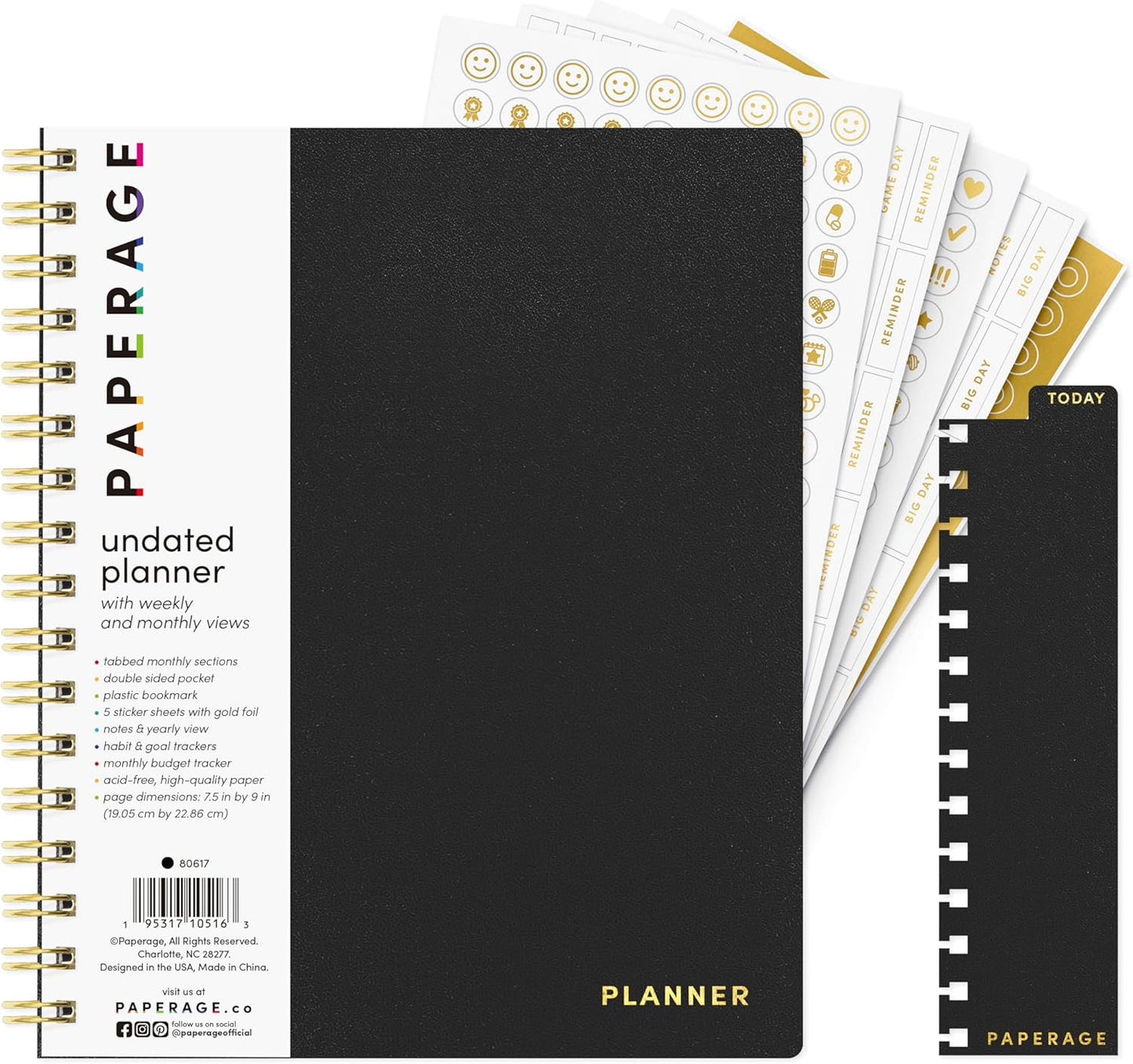 PAPERAGE Undated 12 Month Weekly & Monthly Planner with Durable Cover & Spiral Binding, 7.5 in x 9 in, Productivity Planner with Note Pages, Goals & Budget Trackers, Stickers & Bookmark (Black)