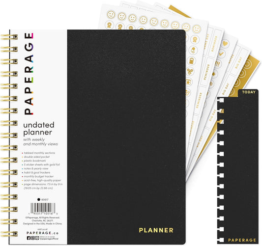 PAPERAGE Undated 12 Month Weekly & Monthly Planner with Durable Cover & Spiral Binding, 7.5 in x 9 in, Productivity Planner with Note Pages, Goals & Budget Trackers, Stickers & Bookmark (Black)