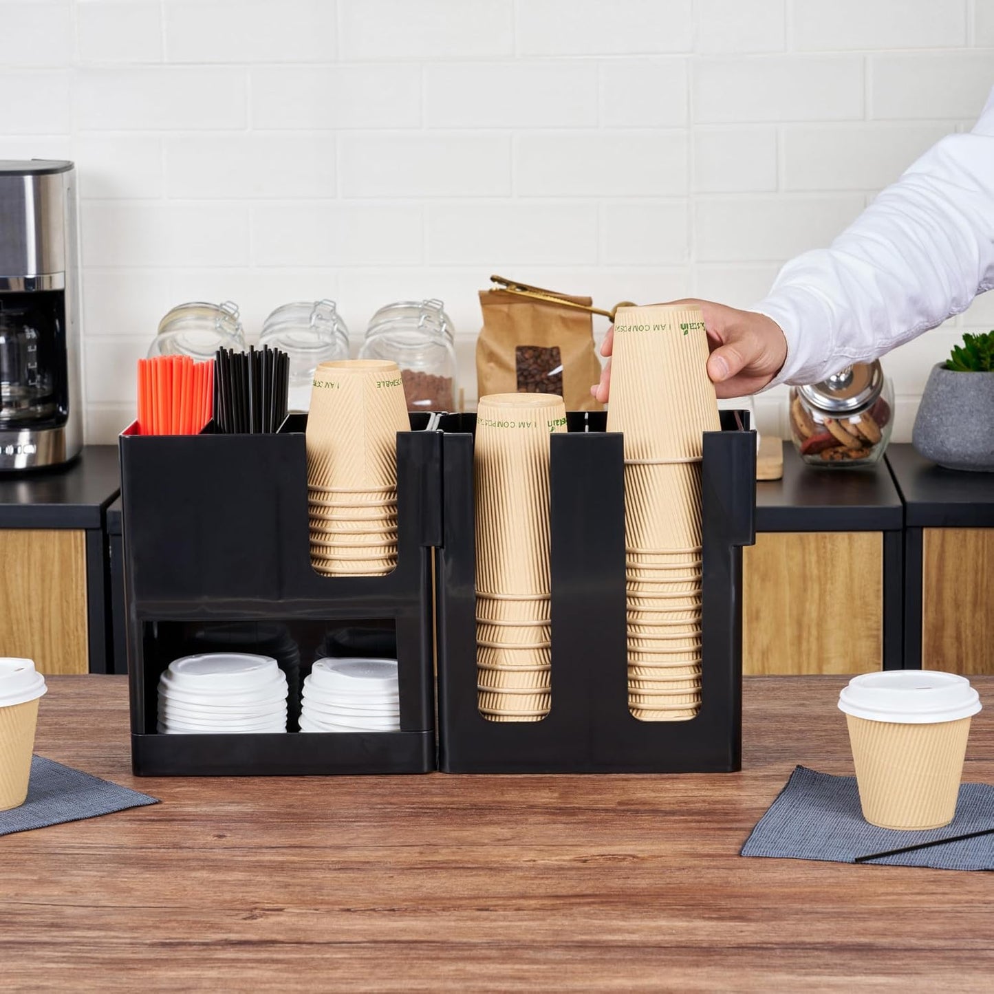 Restaurantware Restpresso Coffee Bar Organizer, 1 Count Durable 6 Compartments, Compact Size, Black Plastic Tabletop Coffee Supplies Organizer For Homes, Office Spaces, Breakrooms, and Lounges