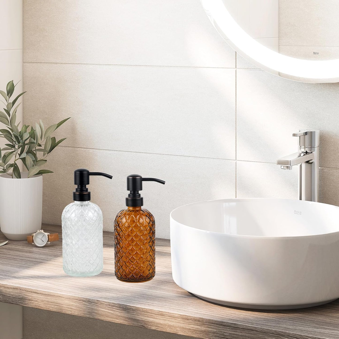 16 oz Glass Soap Dispenser with Stainless Steel Vintage Brushed Bronze Pump Head, Refillable Gemstone Pattern Soap Dispenser for Hand Soap, Dish Soap, and Lotion (Amber)