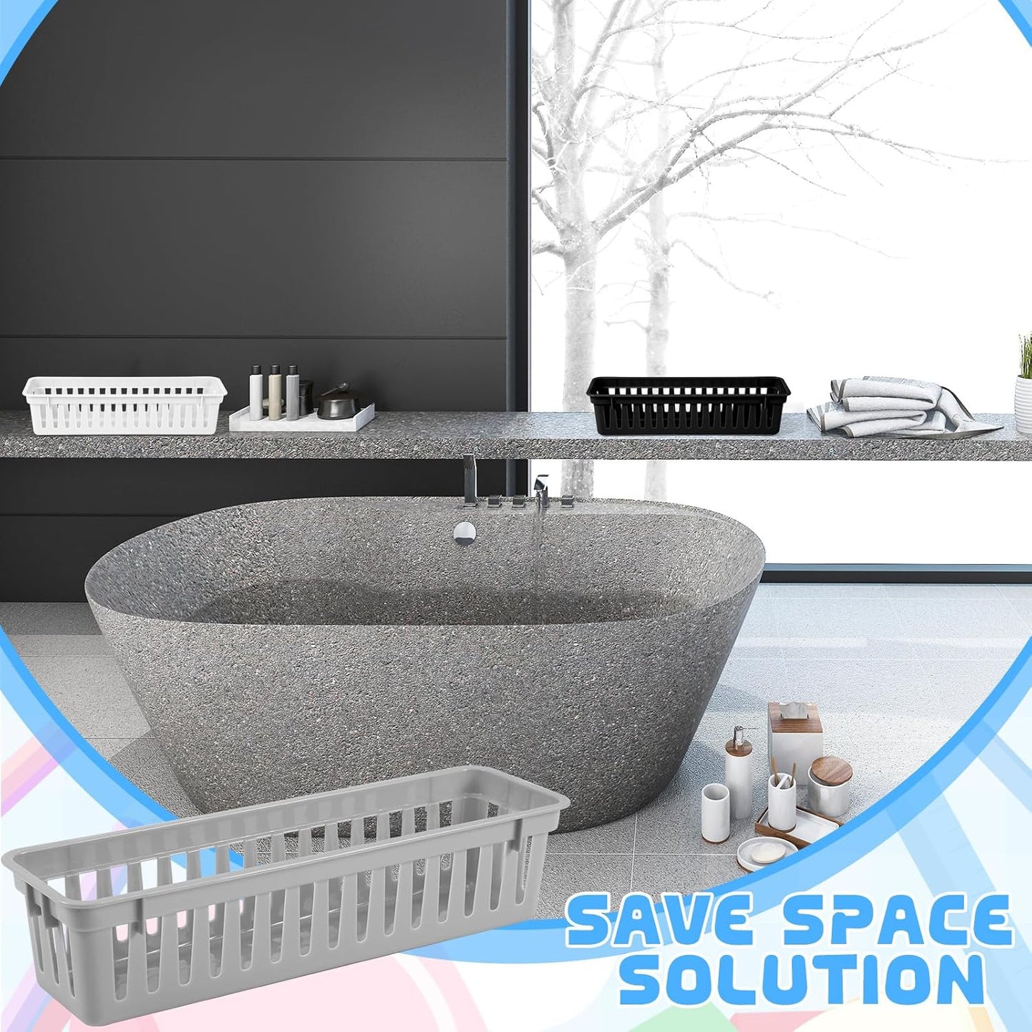 6 Pcs Black,White,Gray Slim Plastic Storage Baskets Tray 10 x 3 x 2.5 Inch Compact Stackable Desk Organizer for Office, Classroom, School Supplies, and Home Storage, Organization(Black,White,Gray)