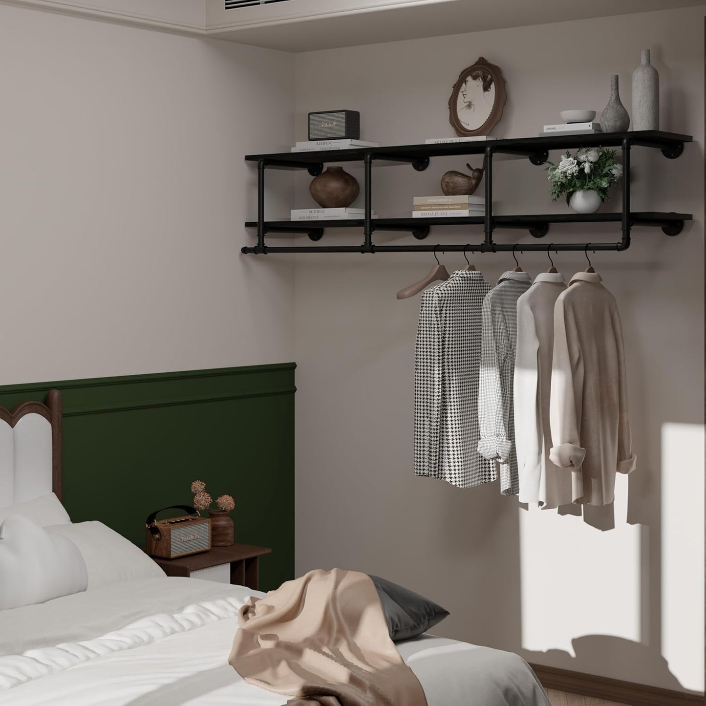 Wall Mounted Clothes Rack 12 Inch Deep, 72 Inch Heavy Duty Garment Rack with Real Black Wood Shelf, Multi-Purpose Hanging Rod & Space-Saving Closet Storage Organizer