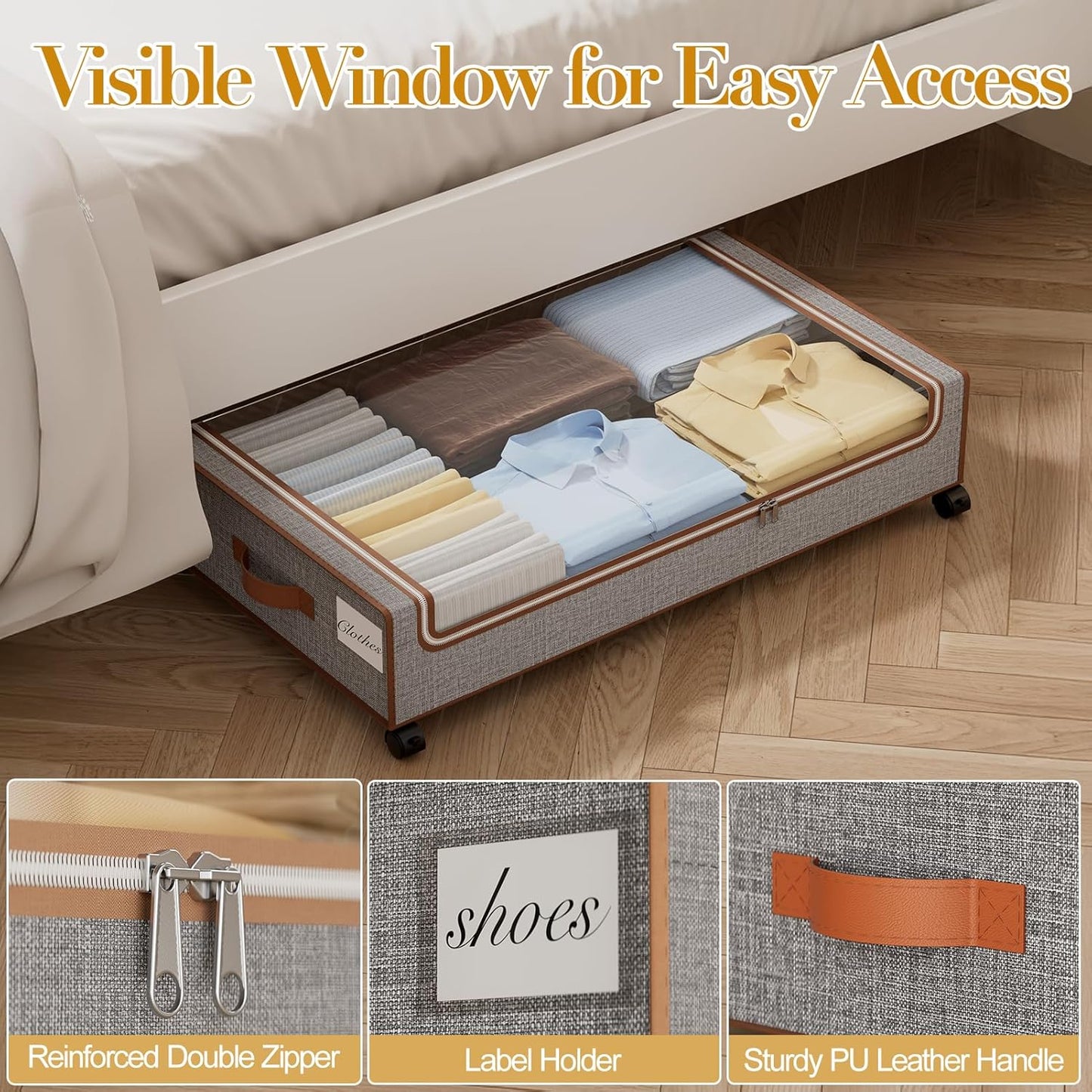 Yecaye Under Bed Storage with Wheels, 2 Pack Under Bed Storage Bins with Clear Lids & Label, XXL Large Lapacity Rolling Under Bed Drawers for Clothes, Blankets, Shoes