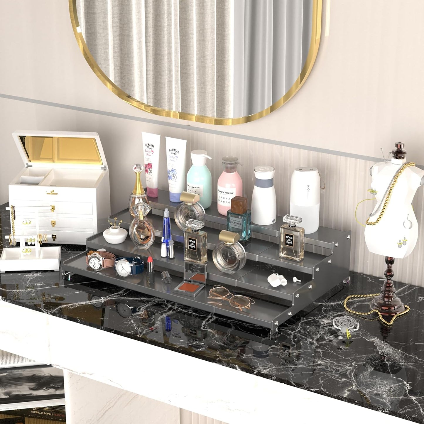 Expandable 4-Tier Step Spice Rack Organizer for Kitchen Cabinet Modern Design and Non Skid Space Saving Storage Shelf for Countertop Cabinets Pantry(2Packs/Gun-Grey)