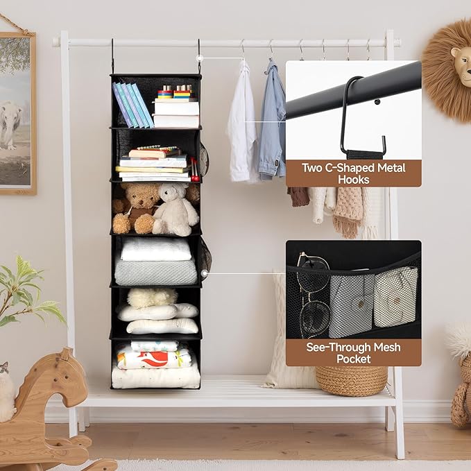 StorageWorks 6-Shelf Hanging Closet Organizers, Foldable Closet Storage Organizer with 2 Side Pockets, Portable Hanging Shelves for Wardrobe, Kid's Rooms, Dorms, RVs, 12" D x 12" W x 47 1⁄2" H, Black