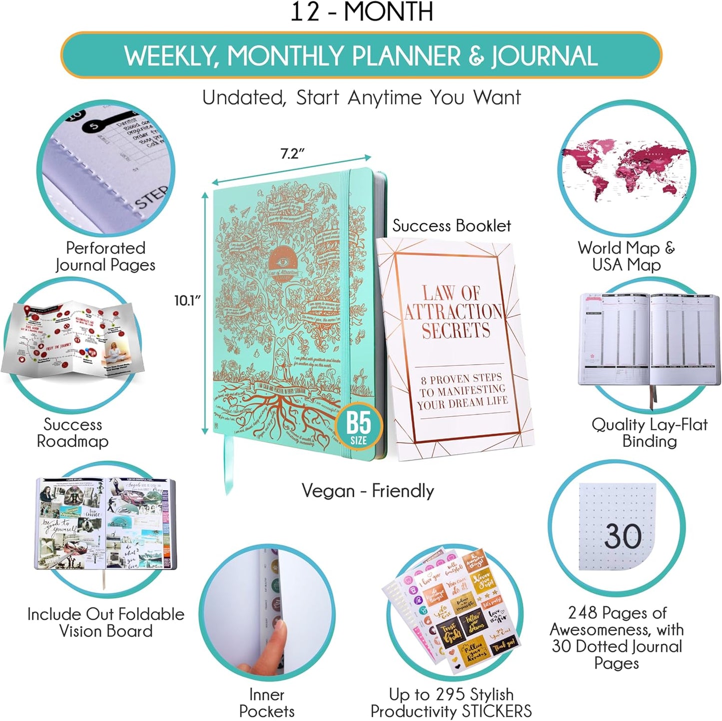 Law of Attraction Planner – Undated Hourly, Weekly & Monthly Goal Setting Planner, 12-Month to Increase Productivity | Life & Gratitude Journal, Include Foldable Vision Board, Gift Box & Stickers