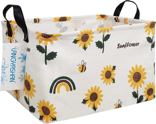 LANGYASHAN Rectangular Storage Bin Collapse Canvas Fabric Cartoon Storage Basket with Handles for Organizing Home Kitchen Boys and Girls Toys Office Closet Shelf Baskets(Rec Sunflower)