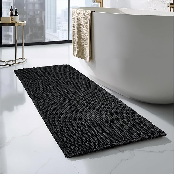 KGORGE Black Waffle Bath Mat, Ultra Soft 60" x 24" Long Bathroom Rug with Tassels, Non Slip Farmhouse Floor Cover Super Absorbent Quick Dry Large Rugs for Bathroom Shower Tub Toilet Kitchen, 1pc