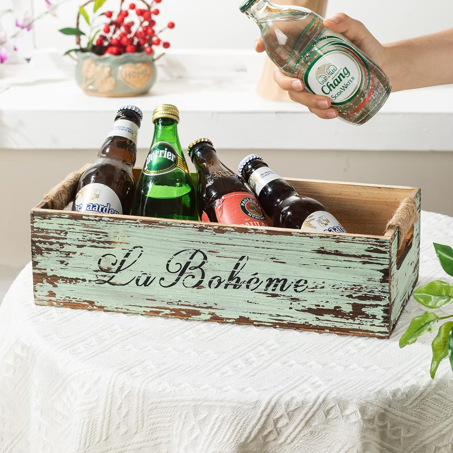 TIMRIS Farmhouse Distressed Wooden Storage Box, Rustic Bathroom Decor Box, Decorative Toilet Tank Basket Nice Butt, Vintage Countertop Organizer Box with Handles (Distressed Green)