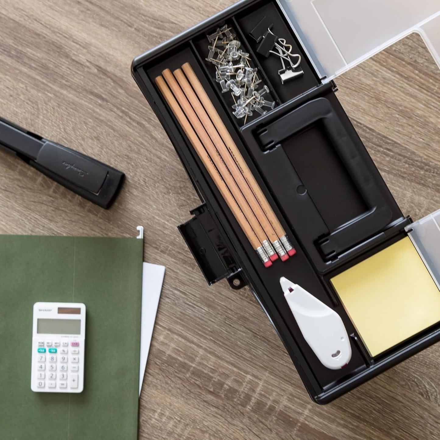 IRIS USA Slim Portable Letter/Legal File Tote Box, 4 Pack, BPA-Free Plastic Storage Bin with Organizer-Lid, Durable, Secure Lid and Handle, Black