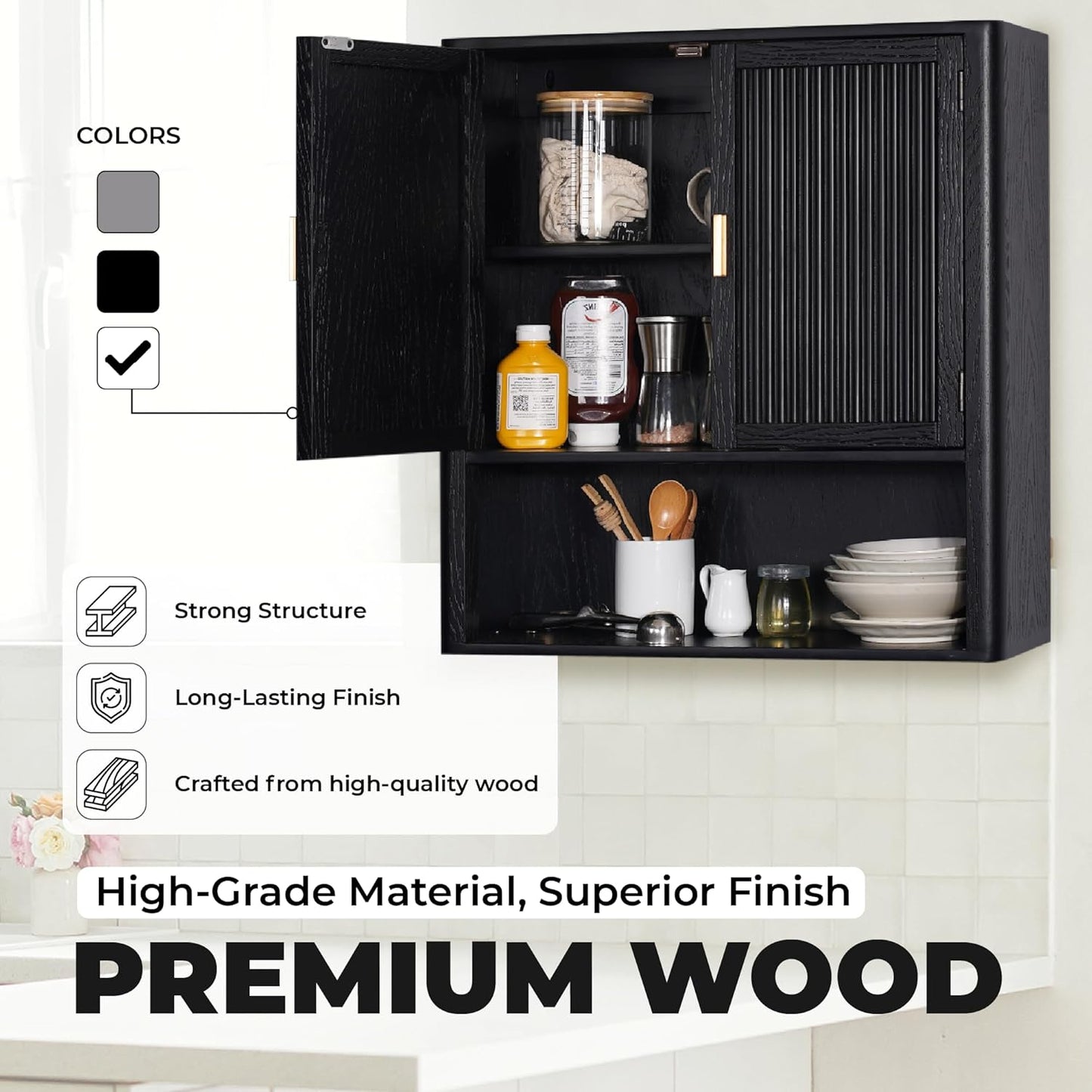 Bathroom Storage Cabinet – Pre-Assembled Wall-Mounted Medicine Cabinet with 2 Doors and Fixed Shelf, Over-The-Toilet Floating Organizer for Bathroom, Living Room, Kitchen, Laundry (Black)