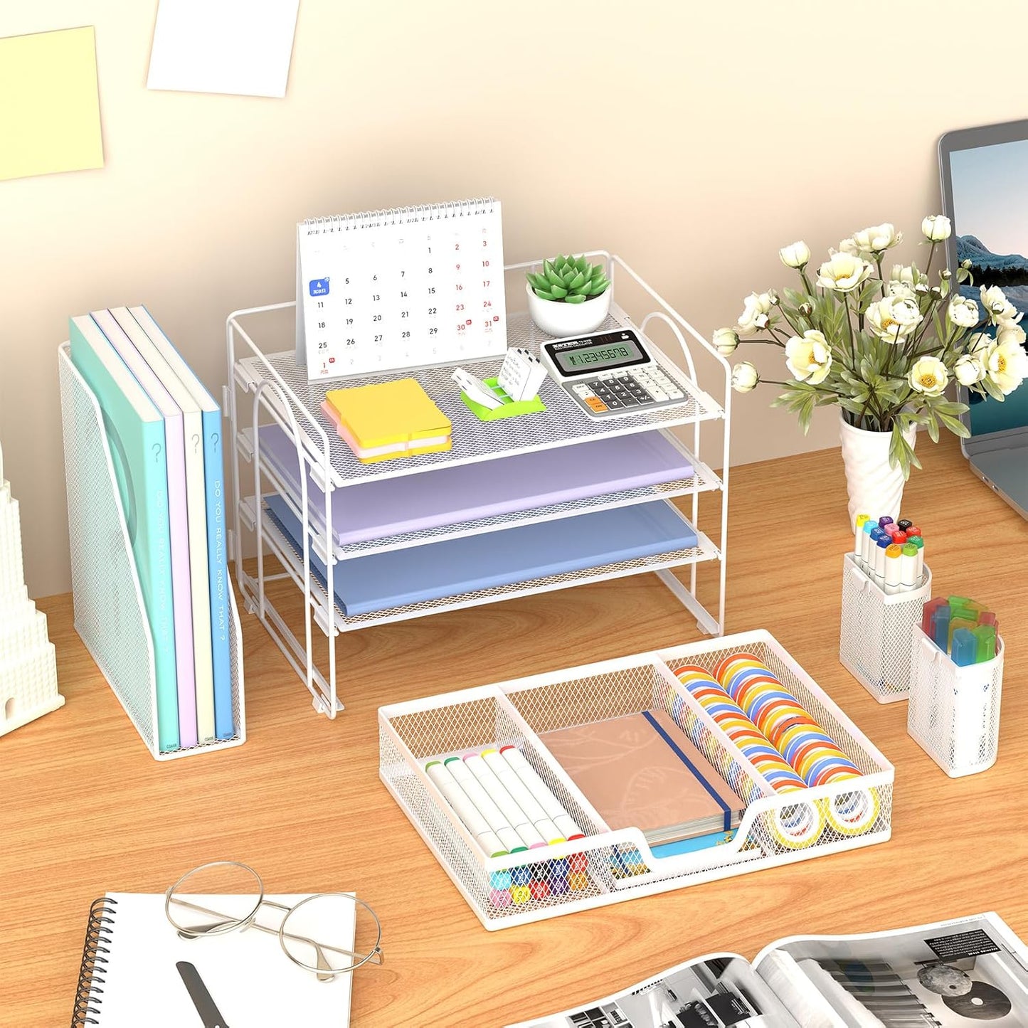 Marbrasse Desk Organizer and Accessories，4-Tier Paper Letter Tray Organizer with File Holder, Desk Accessories with Drawer and 2 Pen Holder (White, 15.4" x 9.1" x 8.3")