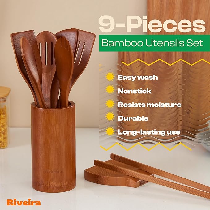 Riveira Premium Brown Bamboo Wooden Spoons for Cooking Set of 9 – Premium Brown Bamboo Wooden Cooking Utensils, Wooden Spatula, Wooden Spoon - Premium Quality Wooden Utensil Set for Non-Toxic Cooking